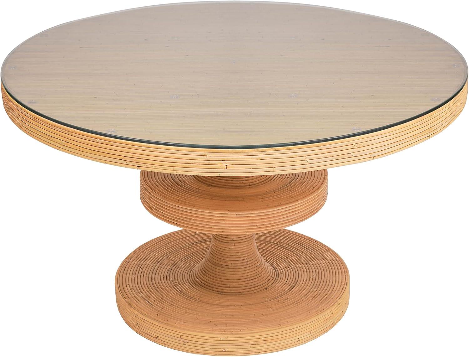 Beige Rattan and Glass Round Dining Table for Six