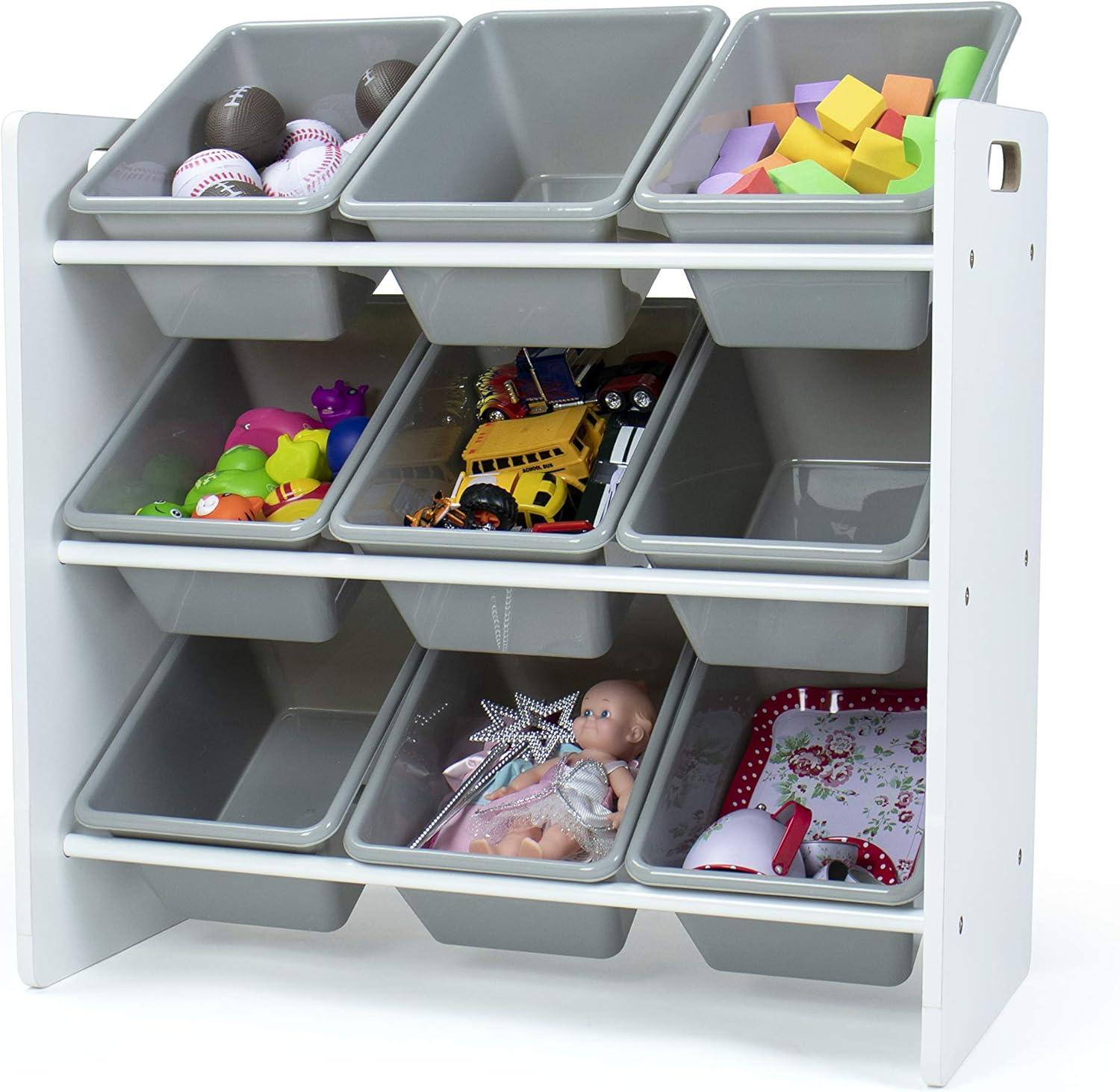 Humble Crew Explorer Toy Storage Organizer with 9 Plastic Storage Bins, White/Grey