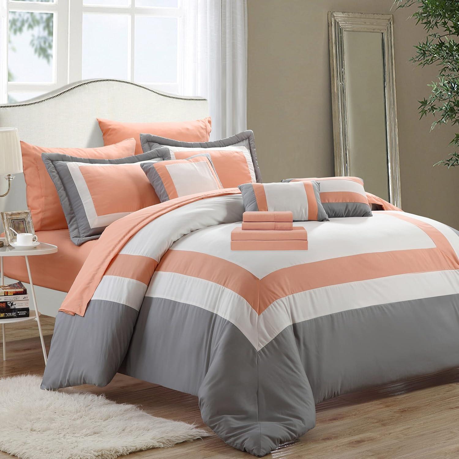 Chic Home 10-Piece Pink Color Block Comforter Bed in a Bag, Queen