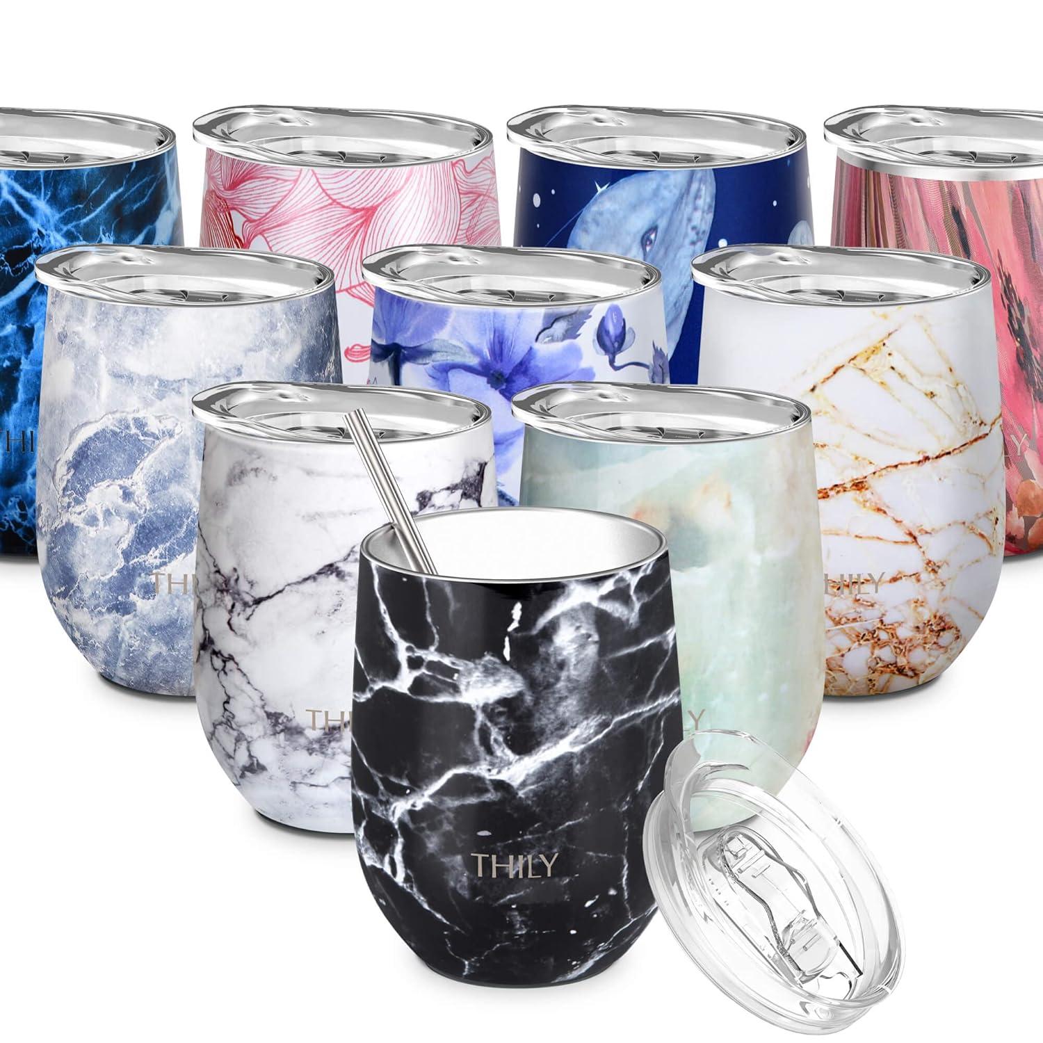 Wine Tumbler Vacuum Insulated Stemless - THILY 12 oz Triple-Insulated Stainless Steel Wine Glass with Lid and Straw, Cute Travel Cup Keep Cold or Hot for Coffee, Cocktails, Wood Grain