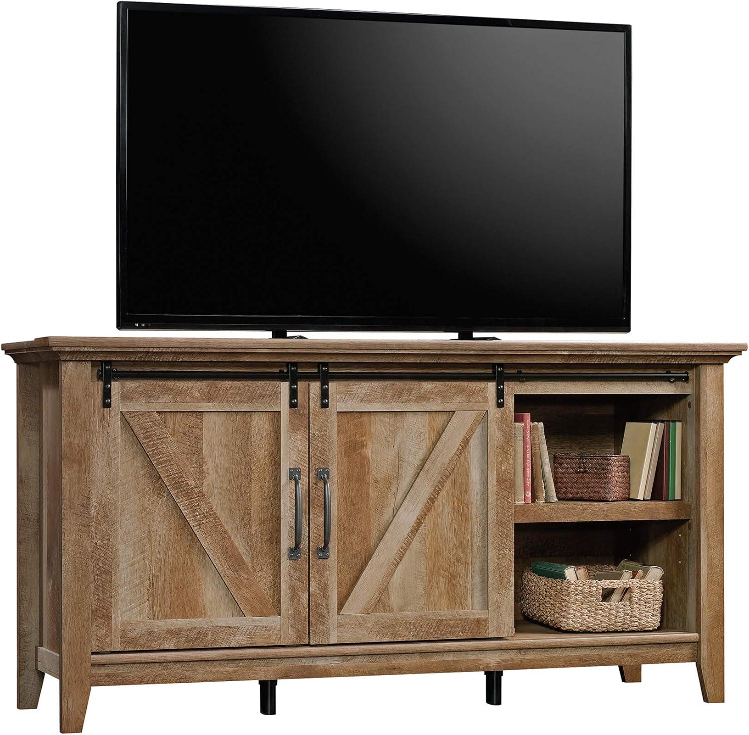 Dakota Pass TV Stand for TVs up to 70" Dark Brown - Sauder: Craftsman Oak Finish, Sliding Doors, Adjustable Storage