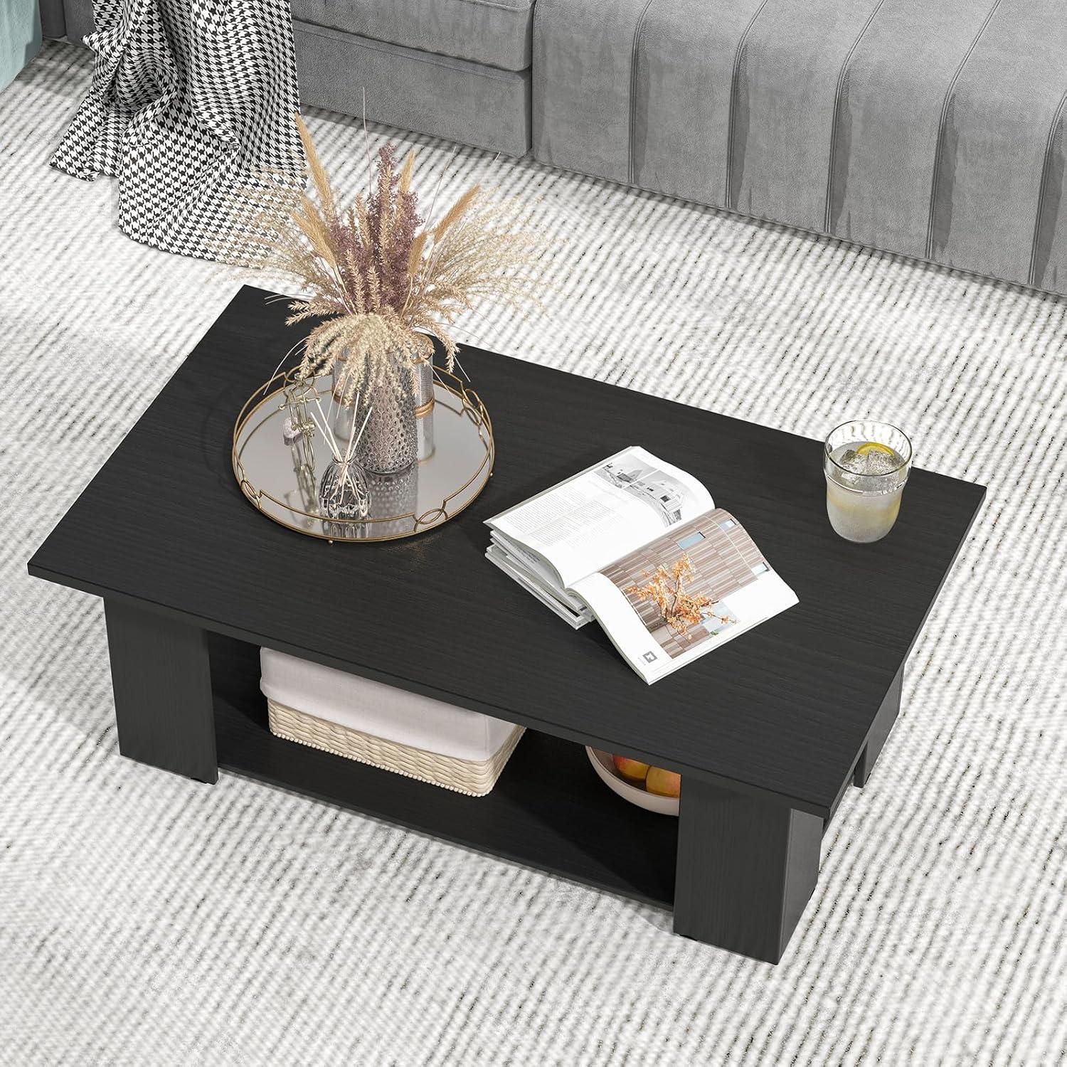 BuySphere Rectangle Wood Center Table, 41" L 2-Tier Large Modern Tea Table w/Open Compartment, Easy Assembly, Accent Coffee Table for Living Room, Reception Room, Black