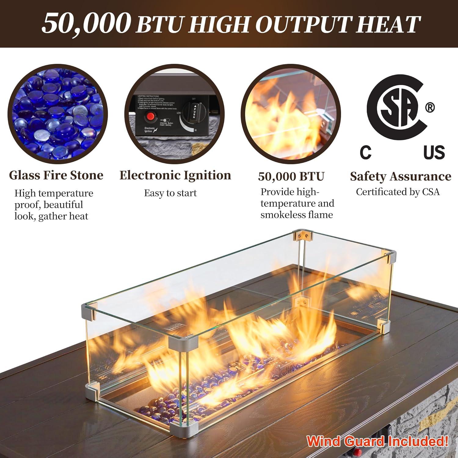 43" Propane Fire Pit Table Outdoor Rectangular Stone Firepit Table 50000 Btu Propane Fire Tables for Outside Patio with Glass Wind Guard, Lid, Fire Glass Beads, Pizzello Caldo (Gray Stone)