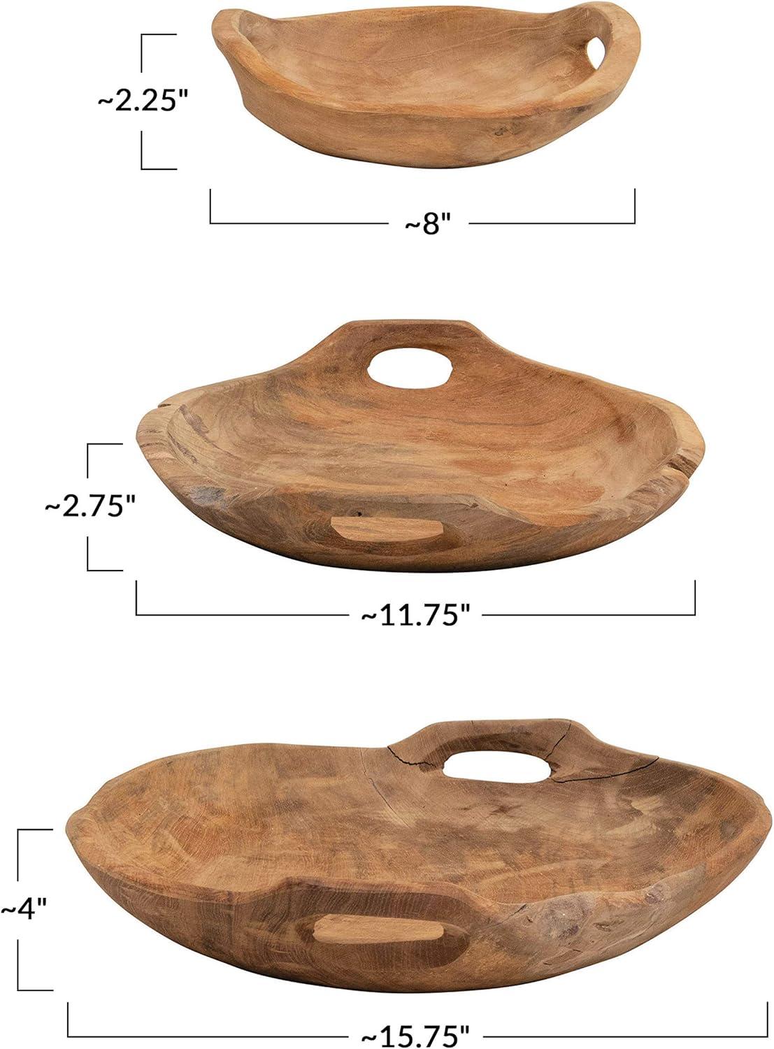 Hand-Carved Teak Wood Serving Bowls with Handles, Set of 3