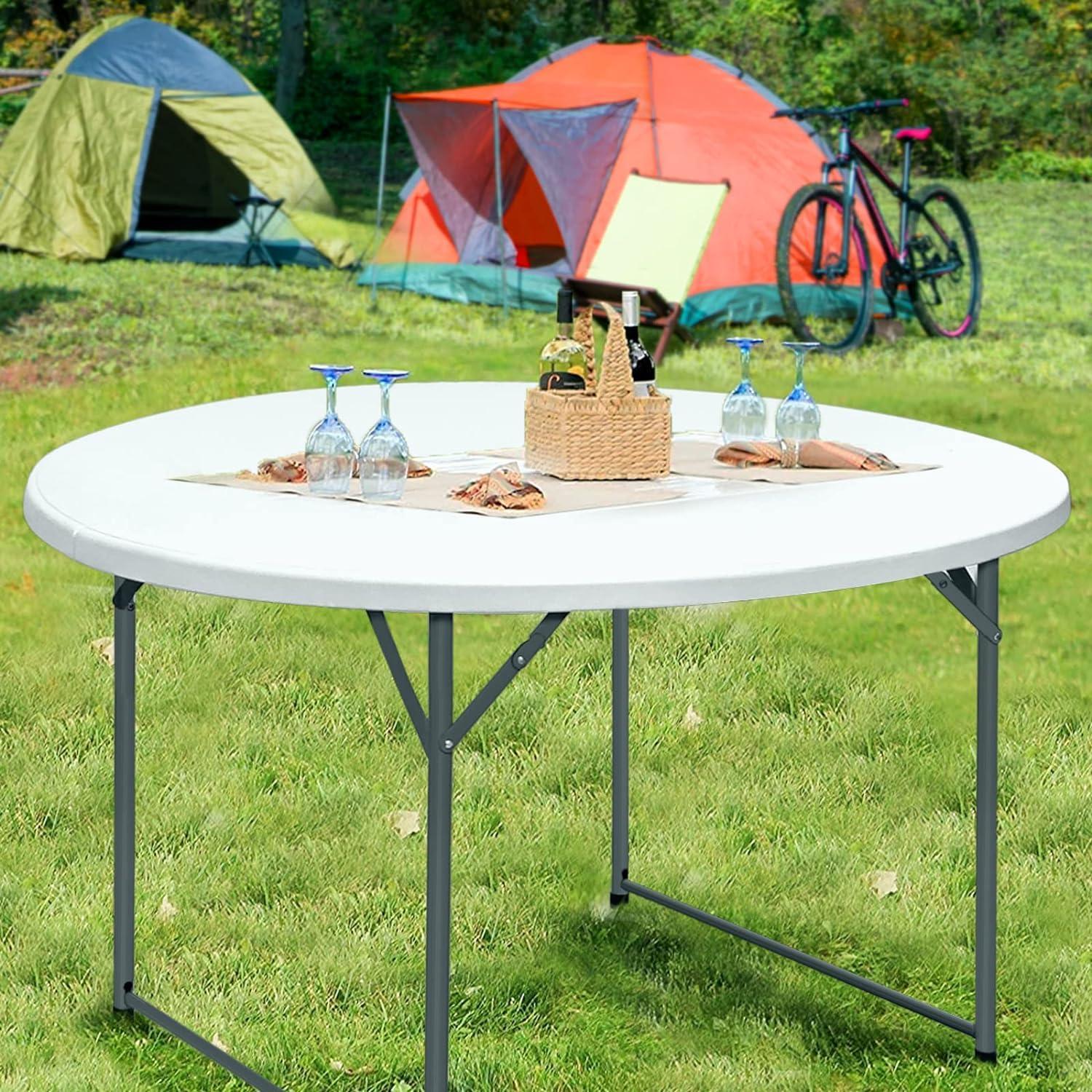 48'' Round Bi-Fold Granite White Plastic Folding Table - Heavy-Duty Plastic Folding Banquet Table