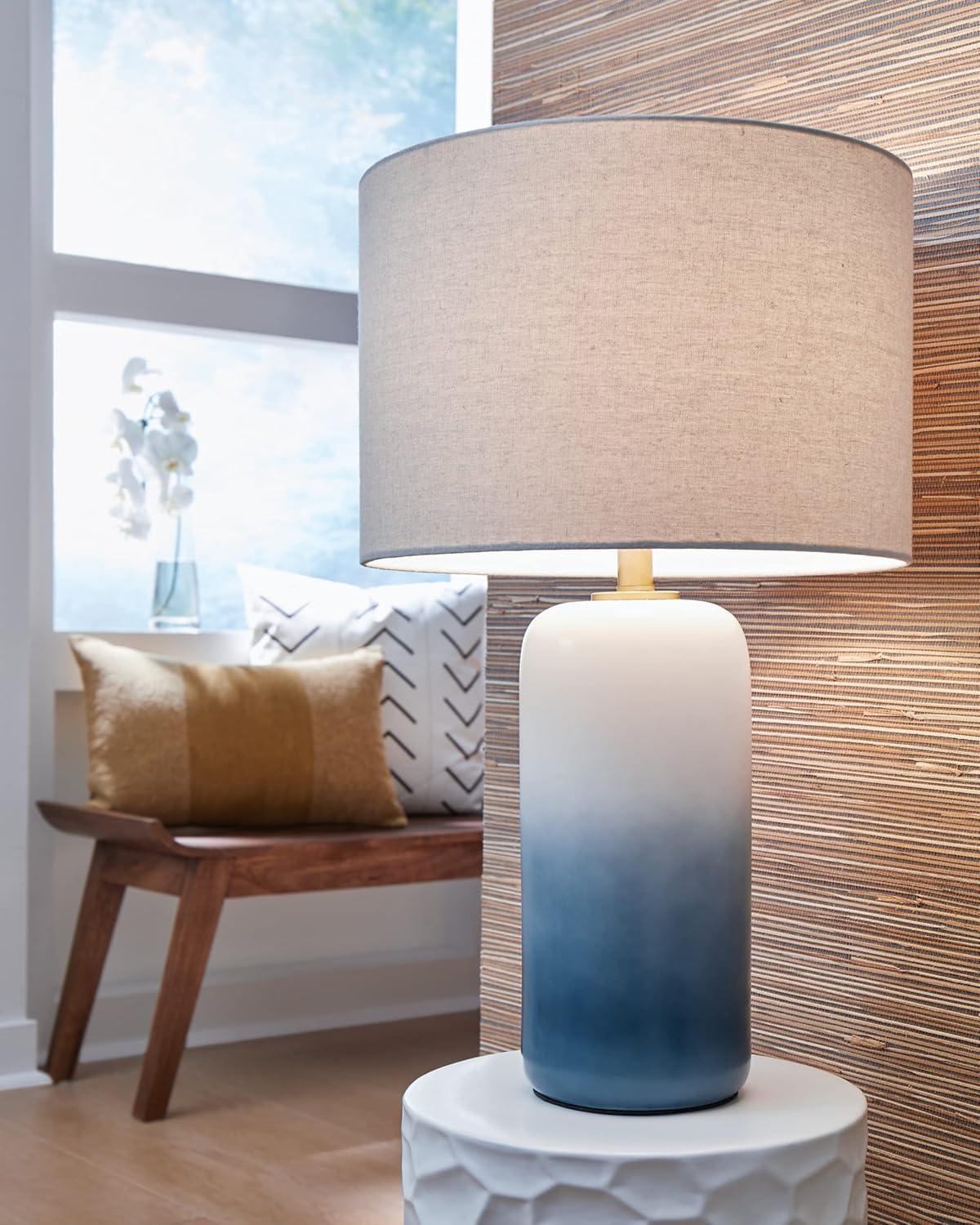 Signature Design by Ashley Lemrich Table Lamp Blue/White: Ceramic Base, Drum Shade, 3-Way Rotary Switch