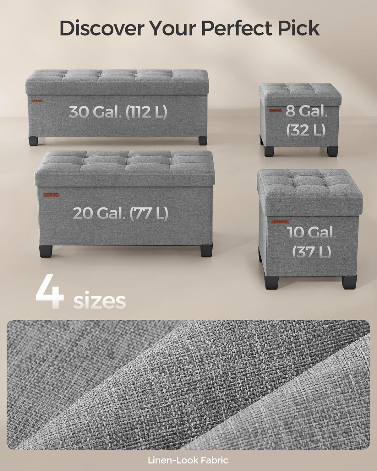 Dove Gray Linen-Look Foldable Storage Ottoman Bench with Legs