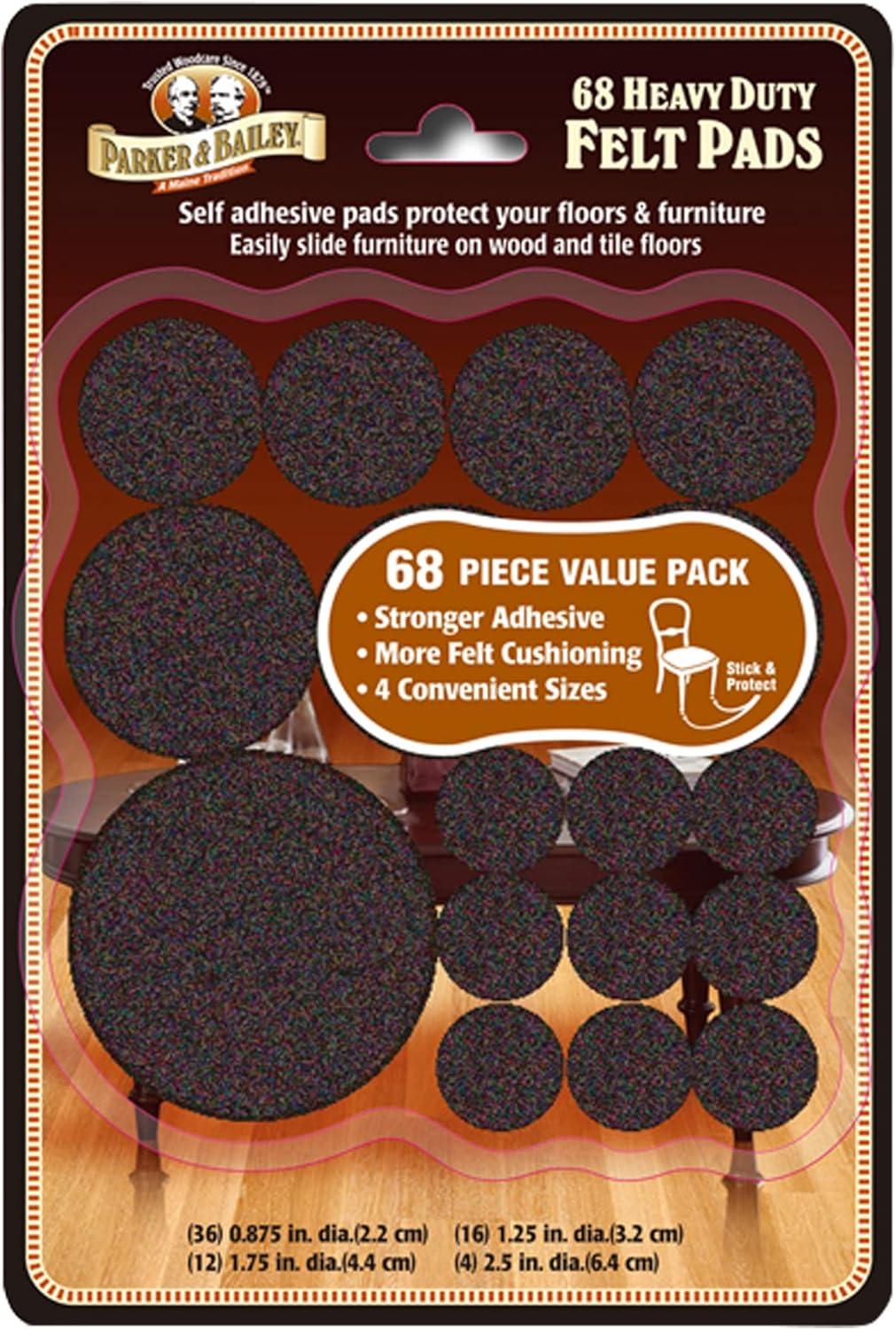 PARKER & BAILEY Felt Pads - 68 Heavy Duty Felt Sliders/Bumpers to Protect Floors & Furniture. Easily Slide Furniture on Hardwood Floors, Laminate Wood or Protect Furniture Feet, Assorted Sizes