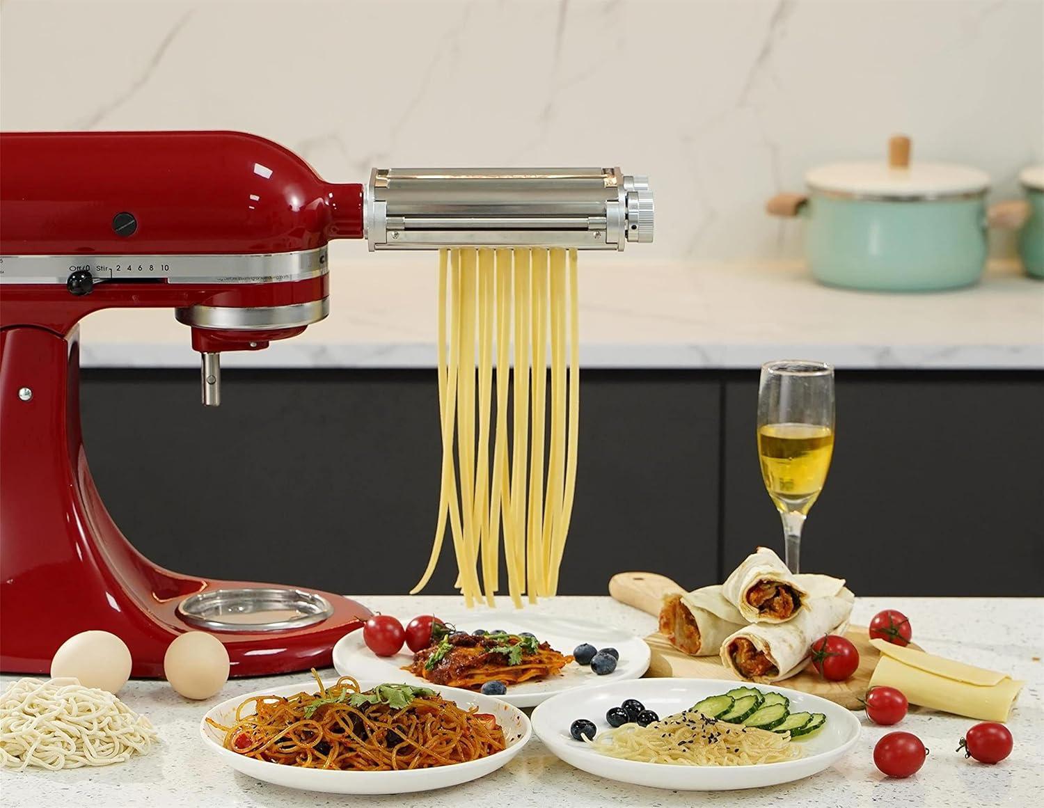 Pasta Maker Attachment for KitchenAid Mixers,3 in 1 Set Included Pasta Sheet Roller, Spaghetti Cutter, Fettuccine Cutter Accessories and Cleaning Brush