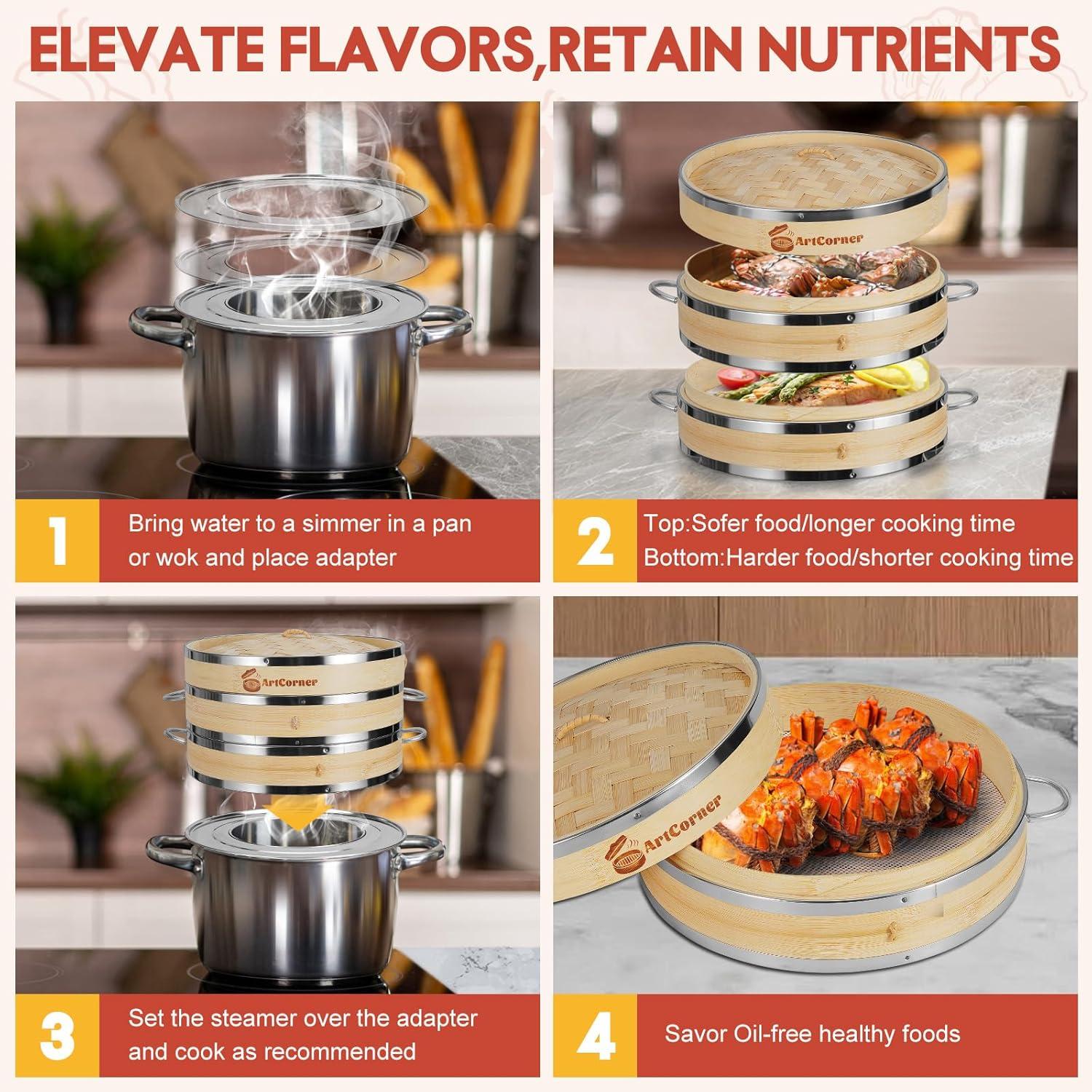 2-Tier Bamboo Steamer Basket Set 10-inch with Reinforcement & Handle,Bamboo Steamer for Cooking,Dumpling Bun Dim Sum, Rice Potsticker Steaming Chinese Asian Food & Vegetables
