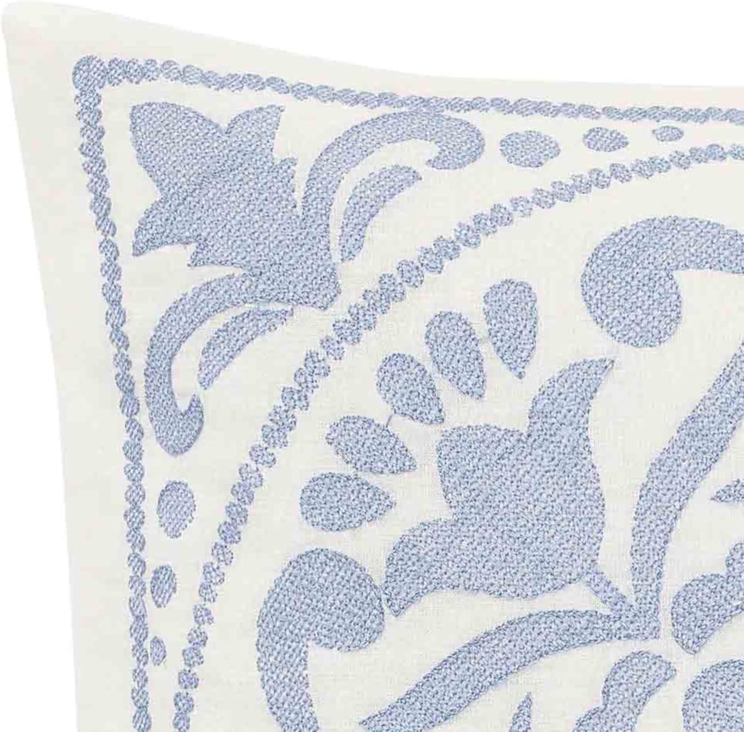 Blue Embroidered Floral Square Throw Pillow