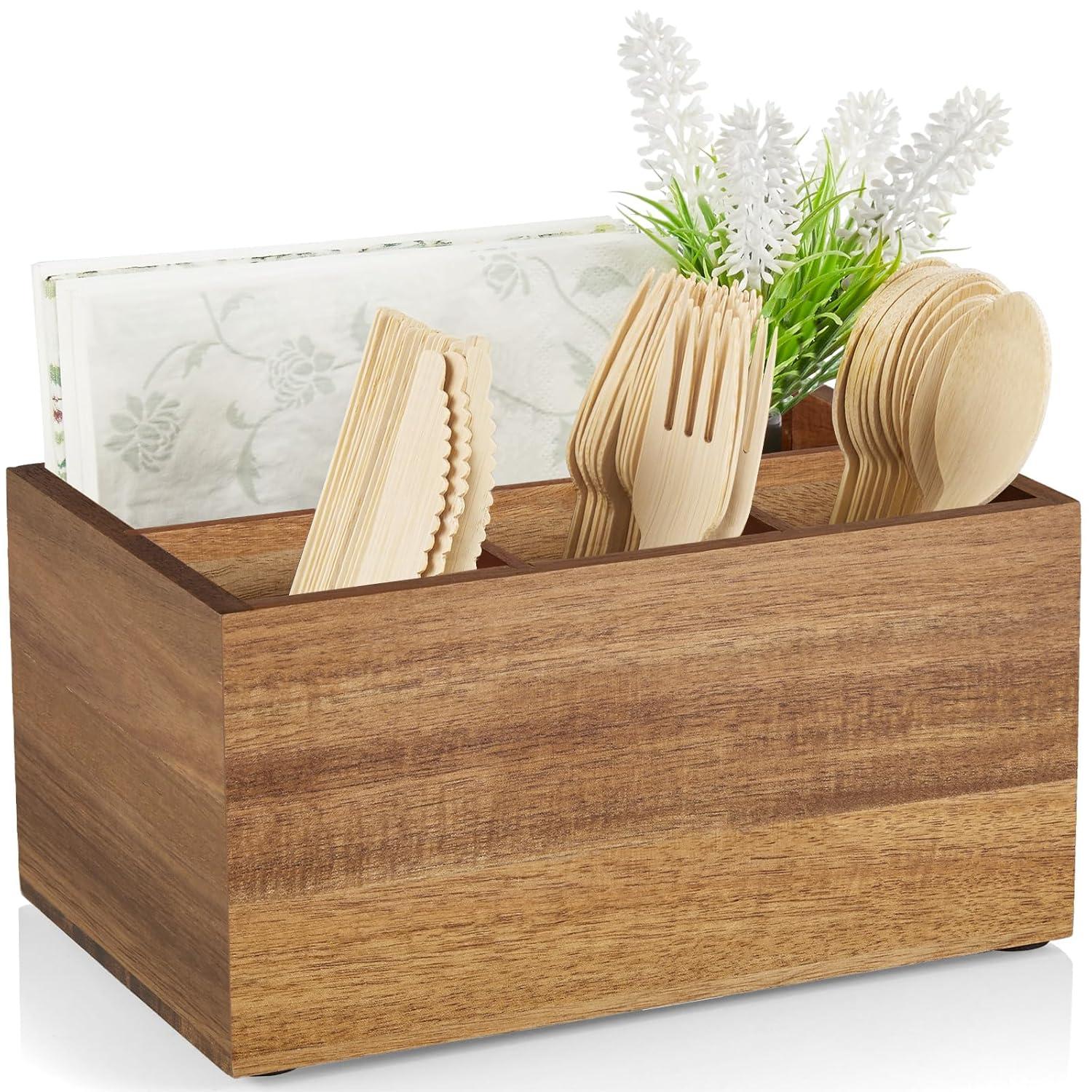 Loon Peak® Utensil Caddy, Silverware Caddy For Party, Acacia Wood Silverware Holder, Silverware Organizer Countertop, Cutlery Storage Containers For Kitchen Table