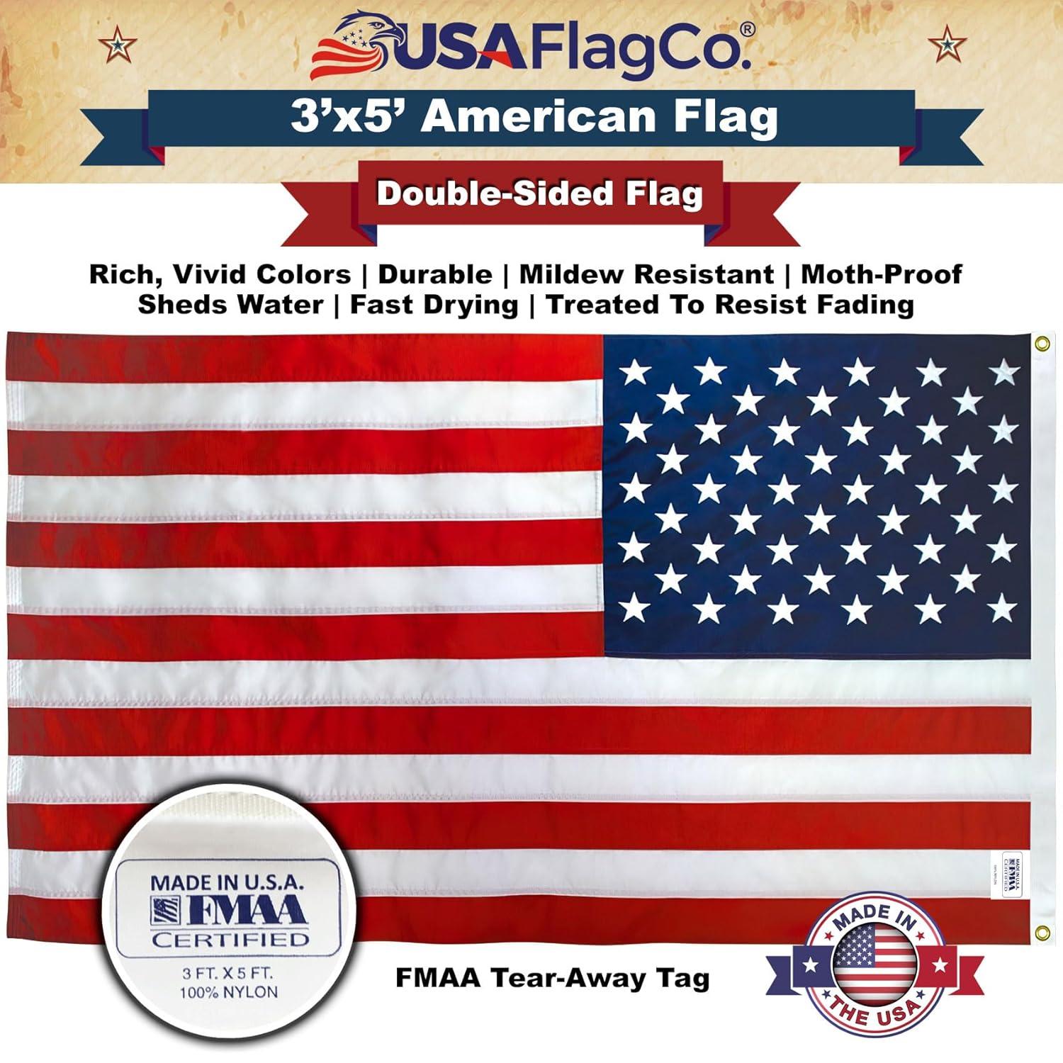 3x5 American Flag for Outside Outdoor Heavy Duty-Nylon USA Flags- Embroidered US Flags Sewn Stripes with Brass Grommets