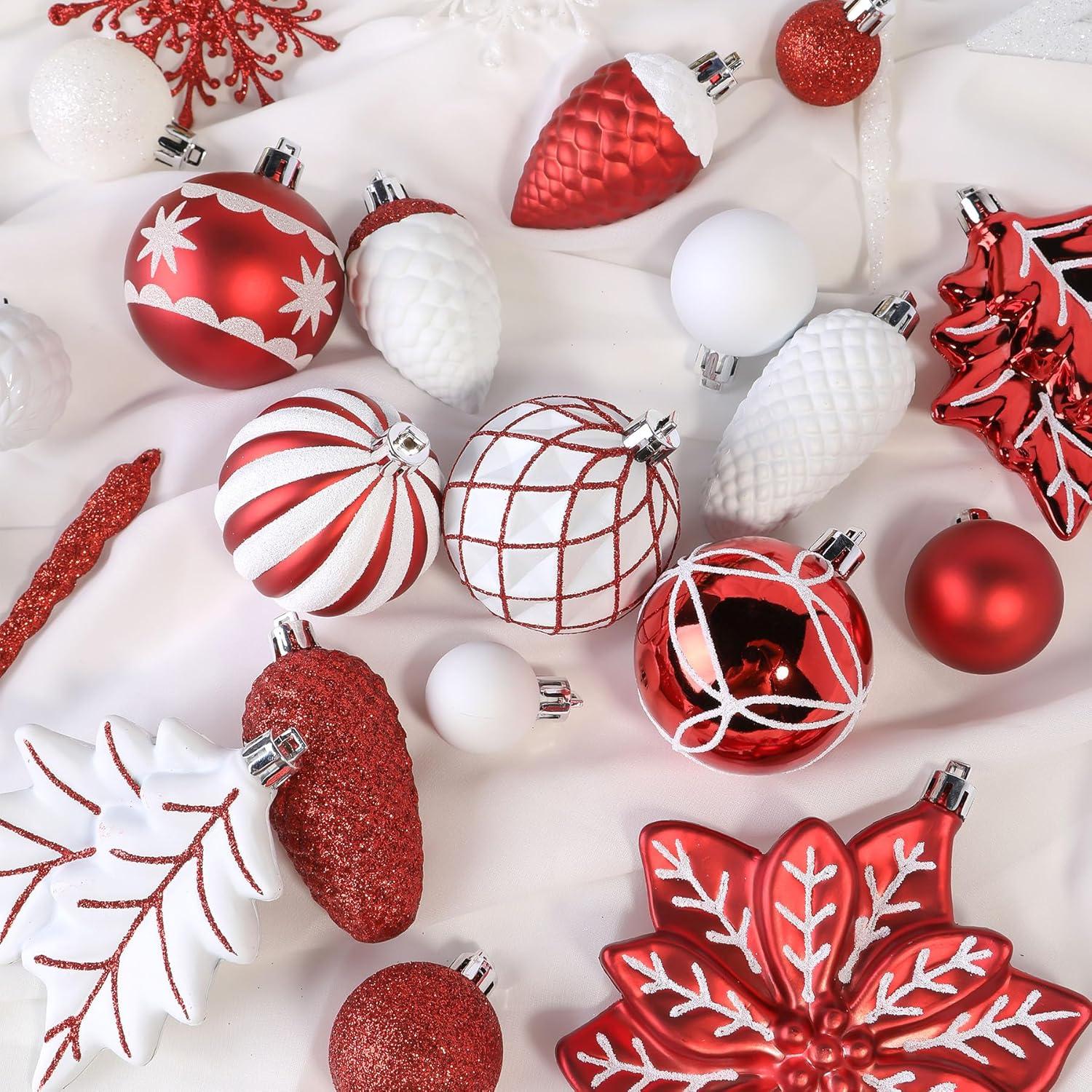 106CT Christmas Ball Ornaments, Shatterproof Plastic Baubles for Holiday Xmas Decor with Hooks, Red & White