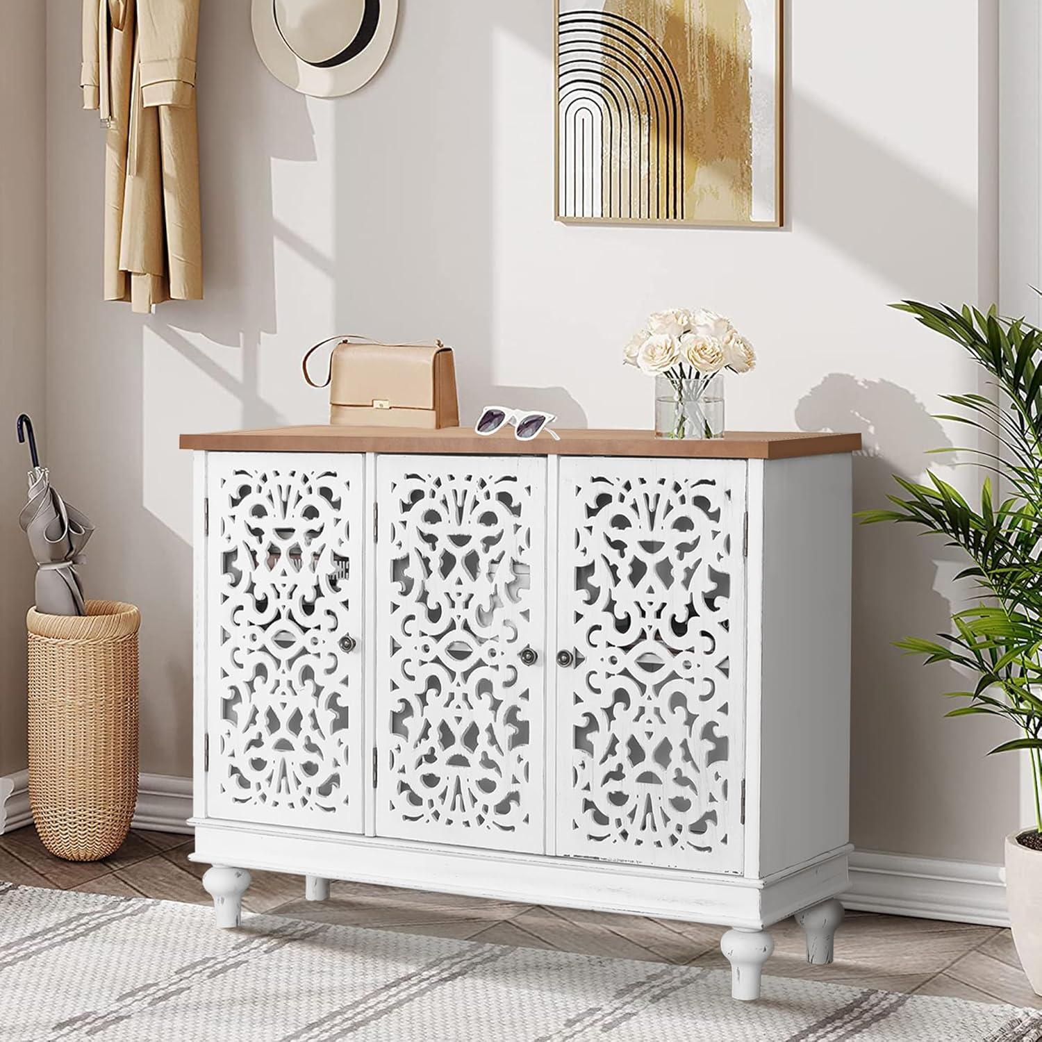 White 3-Door Carved Wood Sideboard with Adjustable Shelving