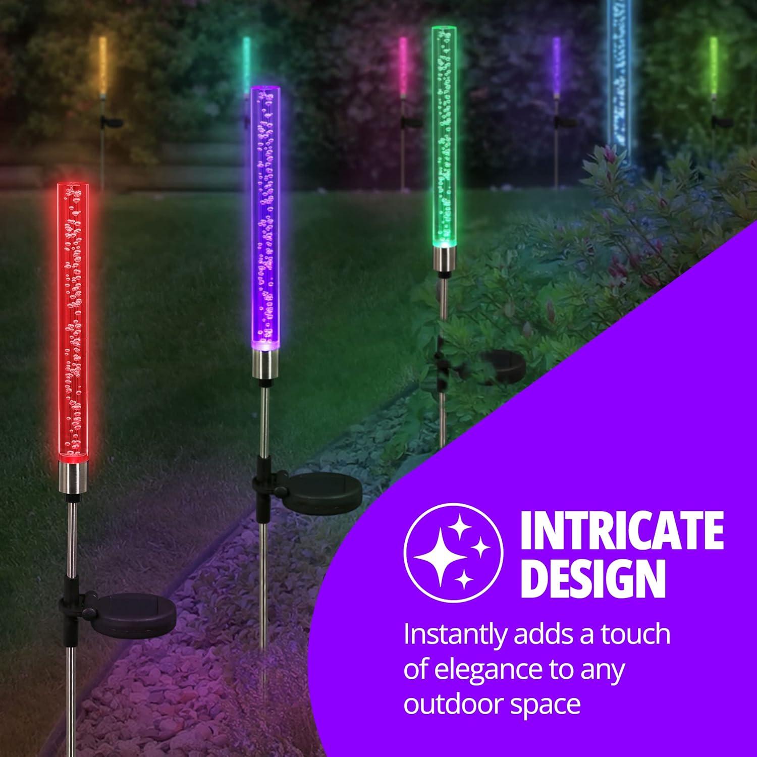 Exhart Two Color Changing Bubble Cylinder  Solar Powered Garden Stakes, 2.5x34 inches, Plastic (Outdoor Pathway Landscape Night Lights, For Home Garden, Patio, Yard, Home Decoration), Clear