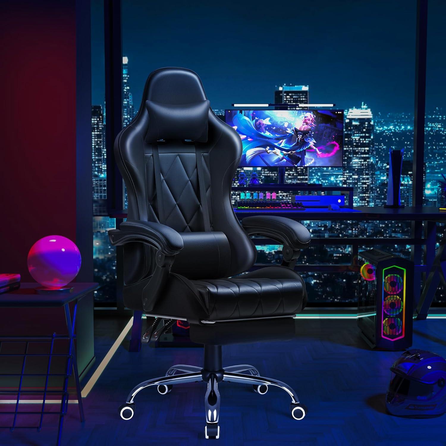 U-SHARE Gaming Chair, Computer Chair with Footrest and Massage Lumbar Support, Ergonomic High Back Video Game Chair with Swivel Seat and Headrest (Black)