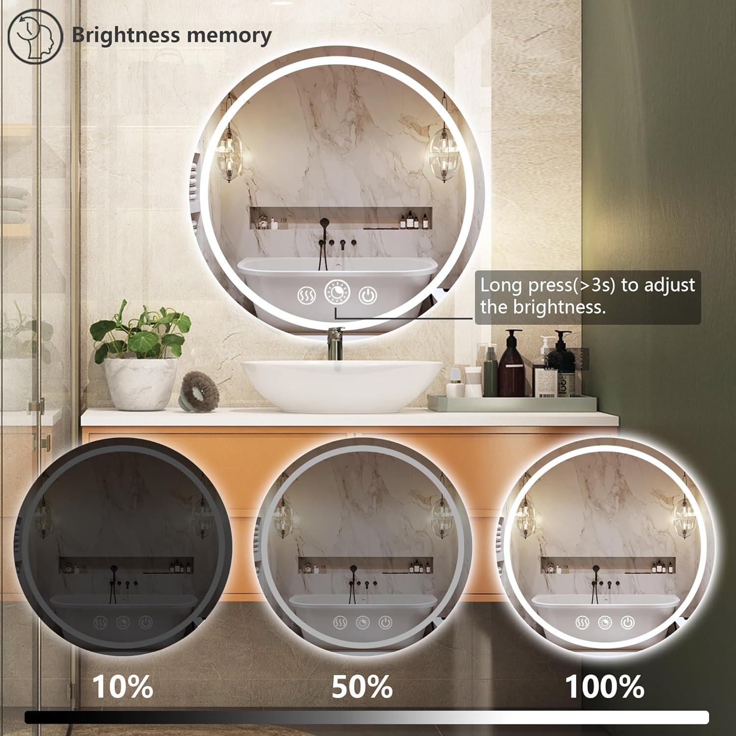 Round LED Bathroom Vanity Mirror with Lights 24 Inch Round LED Wall Mounted Mirror with Lights 3 CCT Dimmable LED Vanity Mirror Anti-Fog Dual Lighted LED Bathroom Mirror