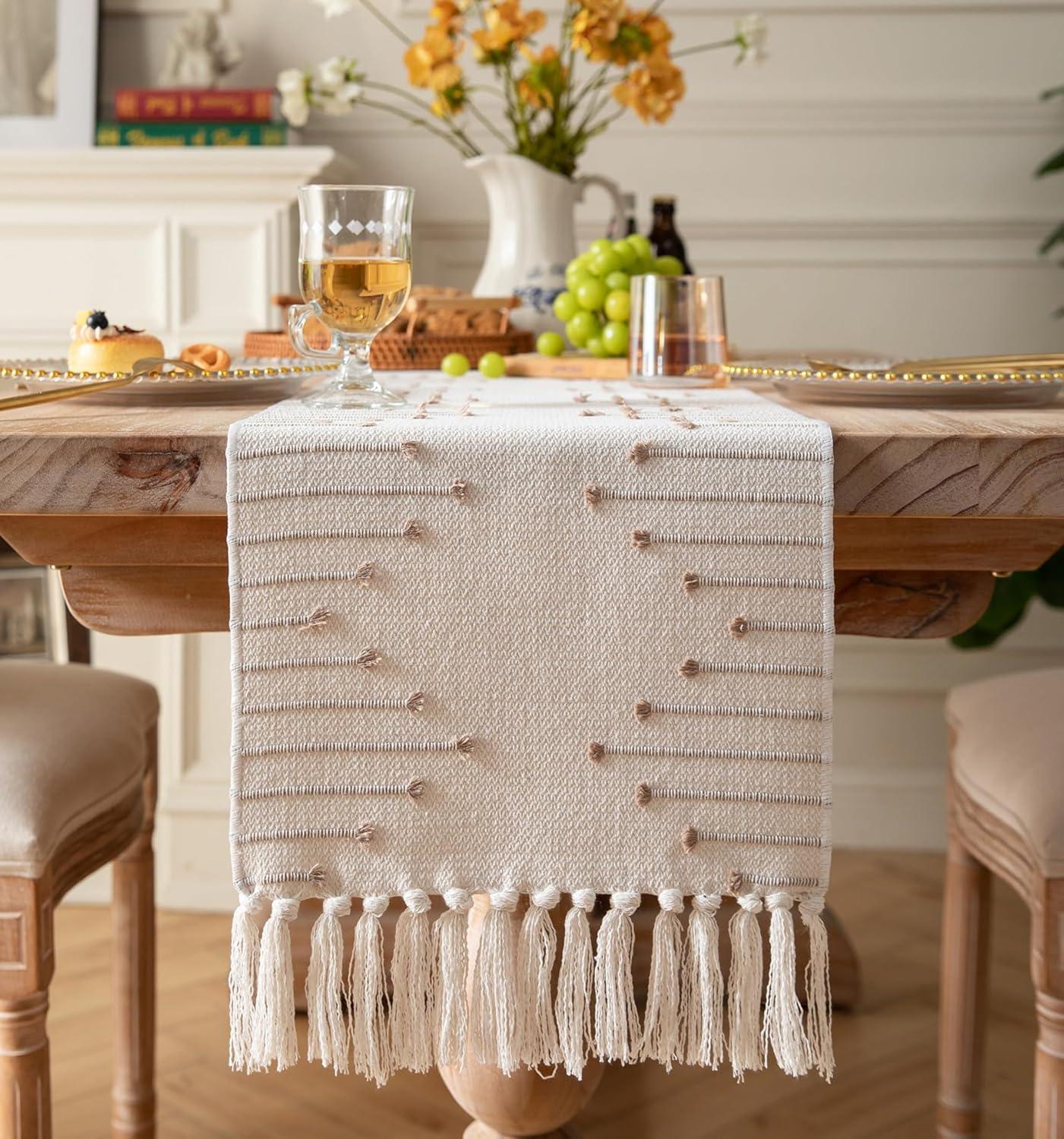 Foundry Select Boho Table Runner 13 X 108 Inch Long Natural Cotton Woven Runner With Tassels For Home Dining Table Décor, For Modern Farmhouse Decor Coffee Table Runner, Taupe And Beige