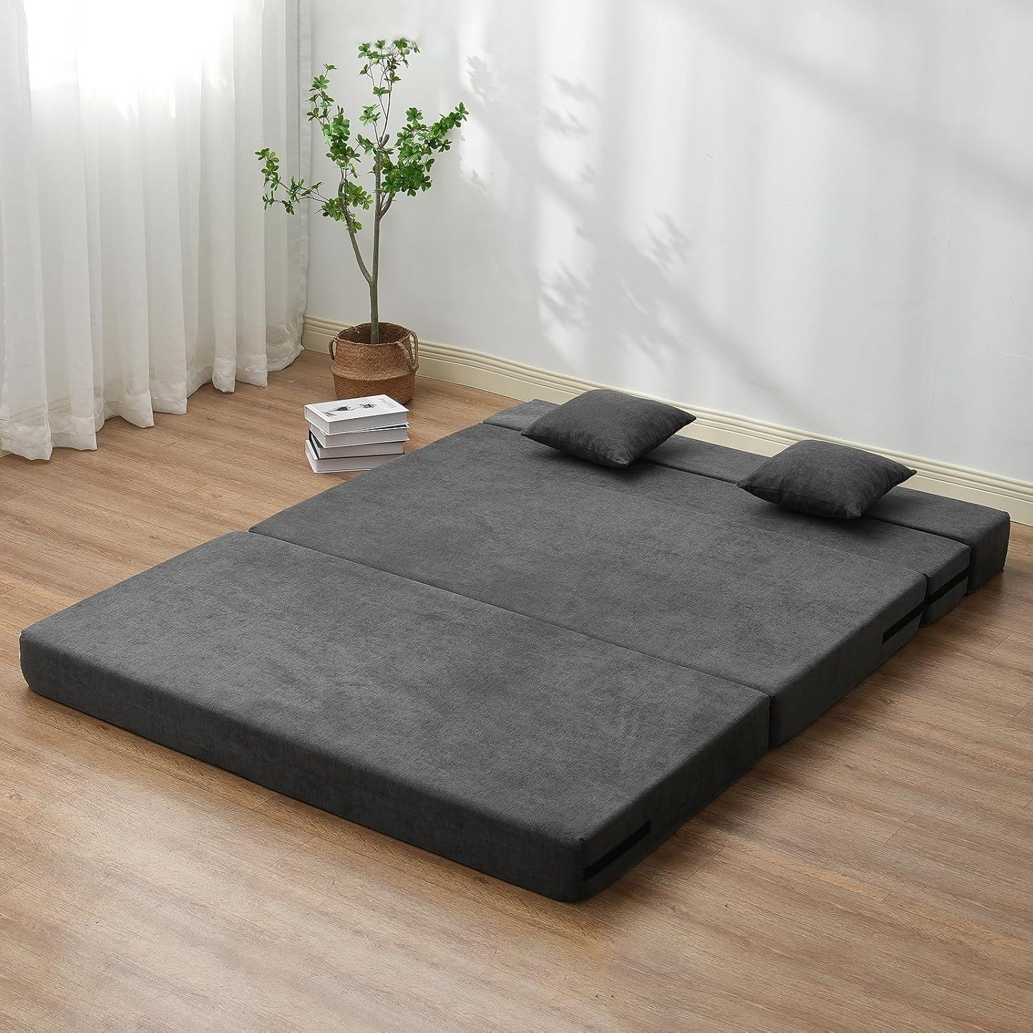 VEVOR Folding Sofa Bed, 3-in-1 Foldable Couch Bed with 2 Pillows and Washable Cover, 25D High Density Memory Foam Sleeper Chair Bed, Dark Grey(Queen)