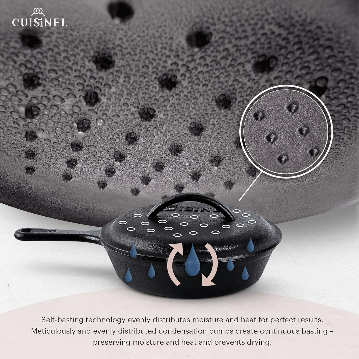 Cuisinel Cast Iron Skillet with Lid - 8"-inch Pre-Seasoned Covered Frying Pan Set + Silicone Handle and Lid Holders + Scraper/Cleaner