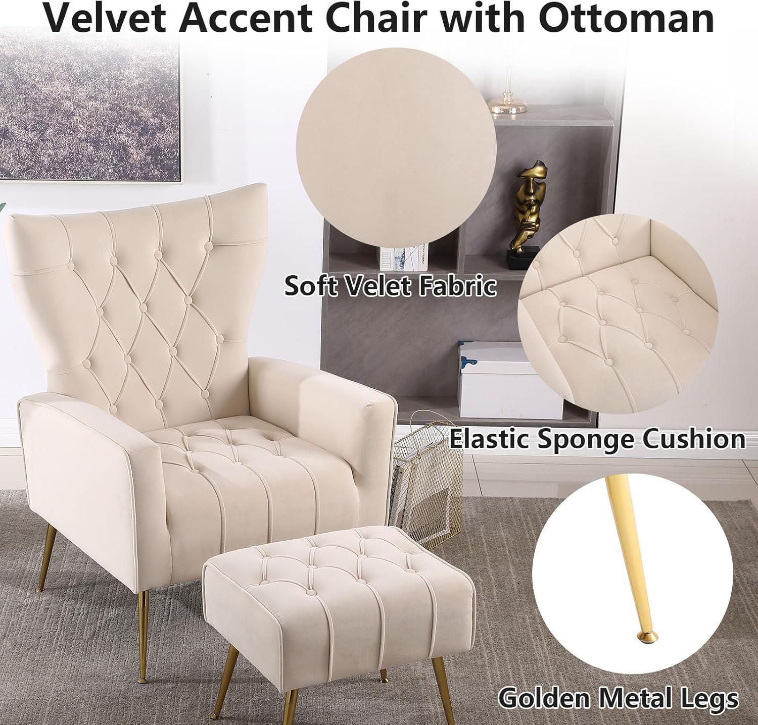 Ouyessir Velvet Accent Chair with Ottoman Comfy Armchair with Button Tufted Back and Metal Legs for Living Room Bedroom Apartment Office