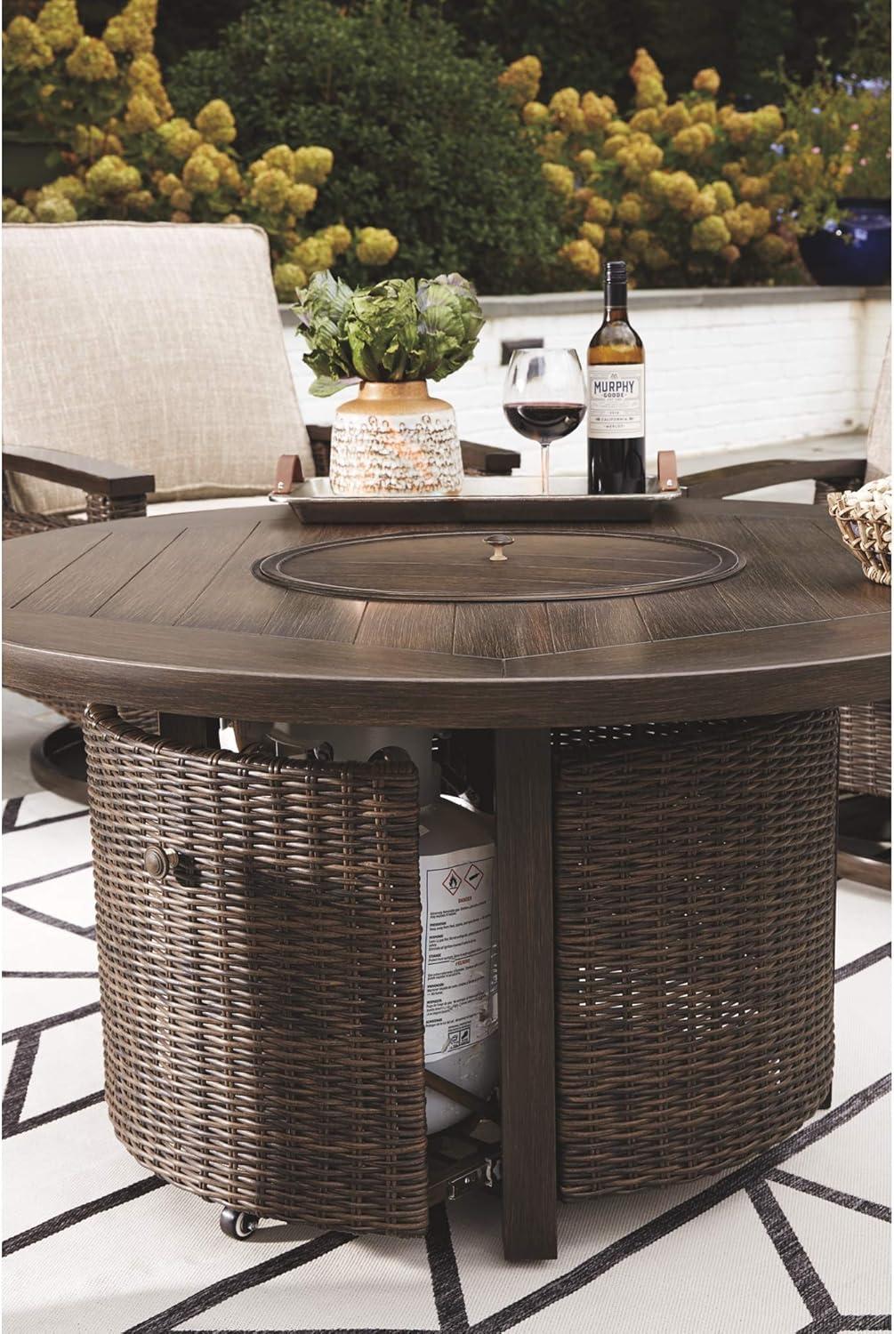 Signature Design by Ashley Paradise Trail Round Fire Pit Table in Medium Brown