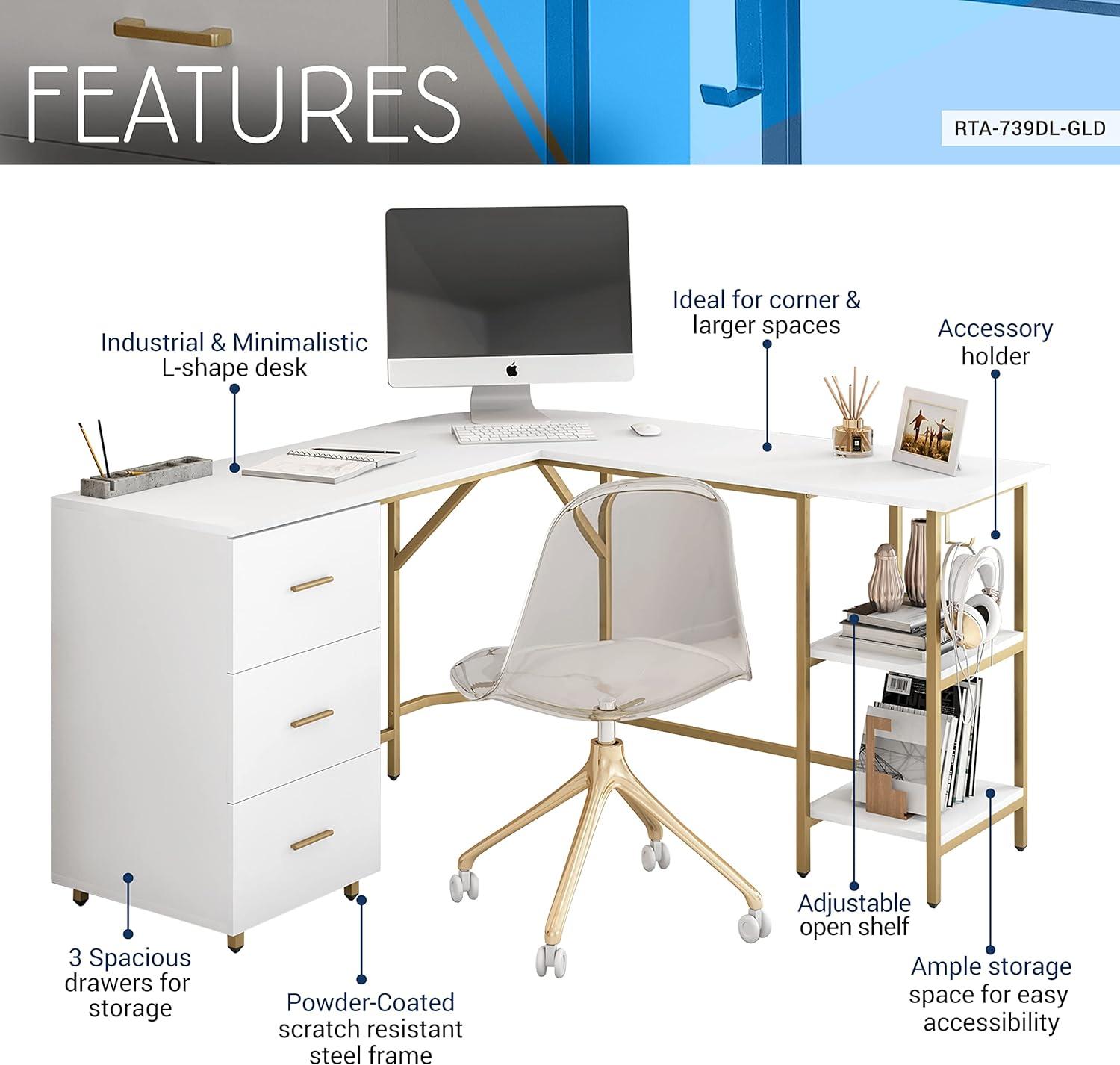 Techni Mobili L-Shape Home Office Desk with Storage, Gold/White