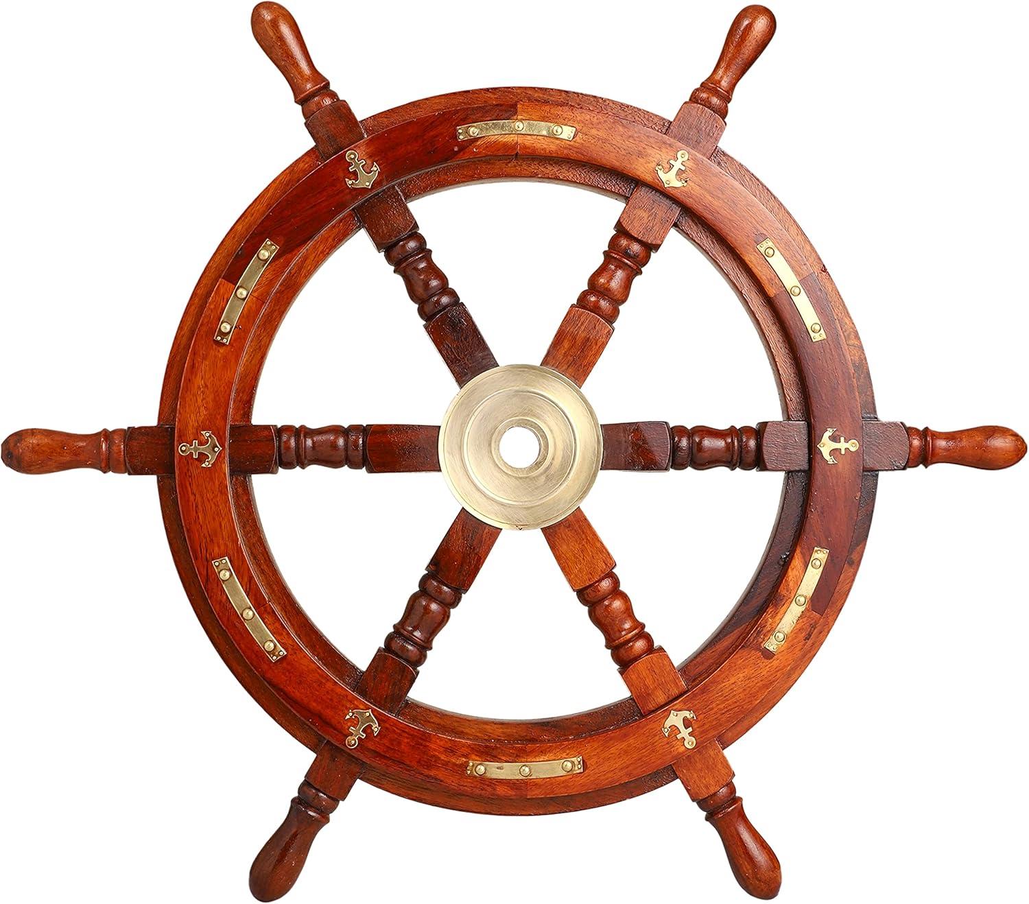 24" Dark Rosewood and Brass Nautical Ship Wheel Decor