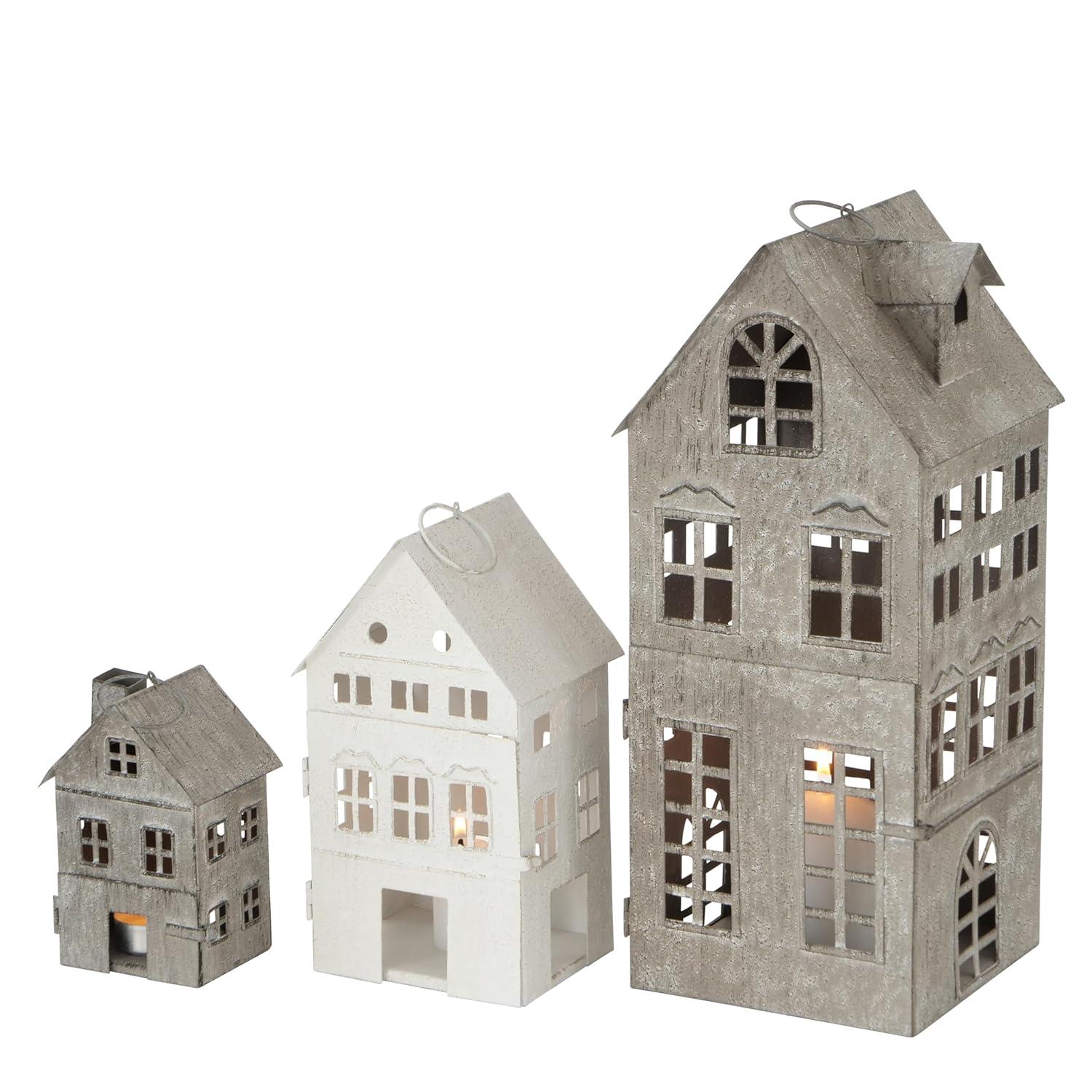 Americana Main Street Town House Candle Lanterns, Set of 3, Vintage Style, Weathered White and Rustic Gray, Metal, Hinged Doors, 14 1/2, 8 3/4 and 5 1/8 Inches Tall