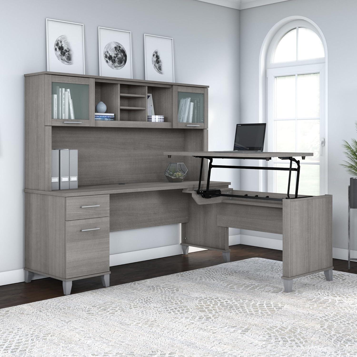 Somerset 72W Sit to Stand L Desk with Hutch in Platinum Gray - Engineered Wood