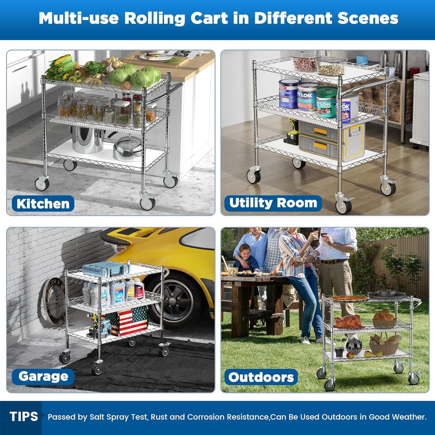 Heavy Duty Chrome 3-Tier Rolling Utility Cart with Handle