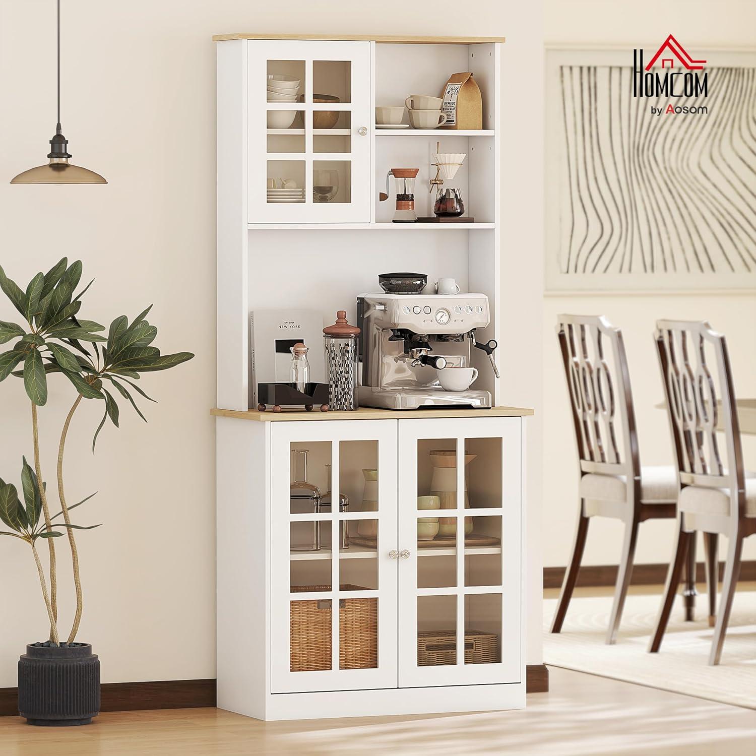 HOMCOM Kitchen Buffet with Hutch, Storage Pantry with 3 Cabinets, 2 Open Shelves and Large Countertop, White