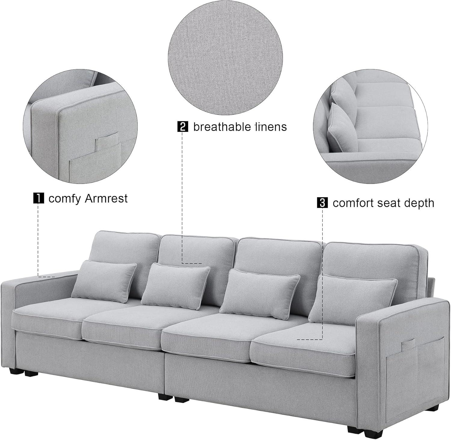 Light Grey Linen 4-Seater Sofa with Armrest Pockets