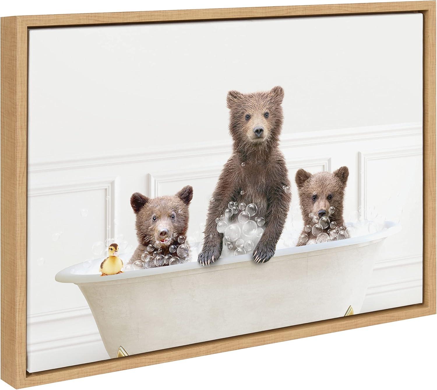 Kate and Laurel Sylvie Three bears In Bubble Bath Neutral Style Framed Canvas by Amy Peterson Art Studio, 18x24, Natural