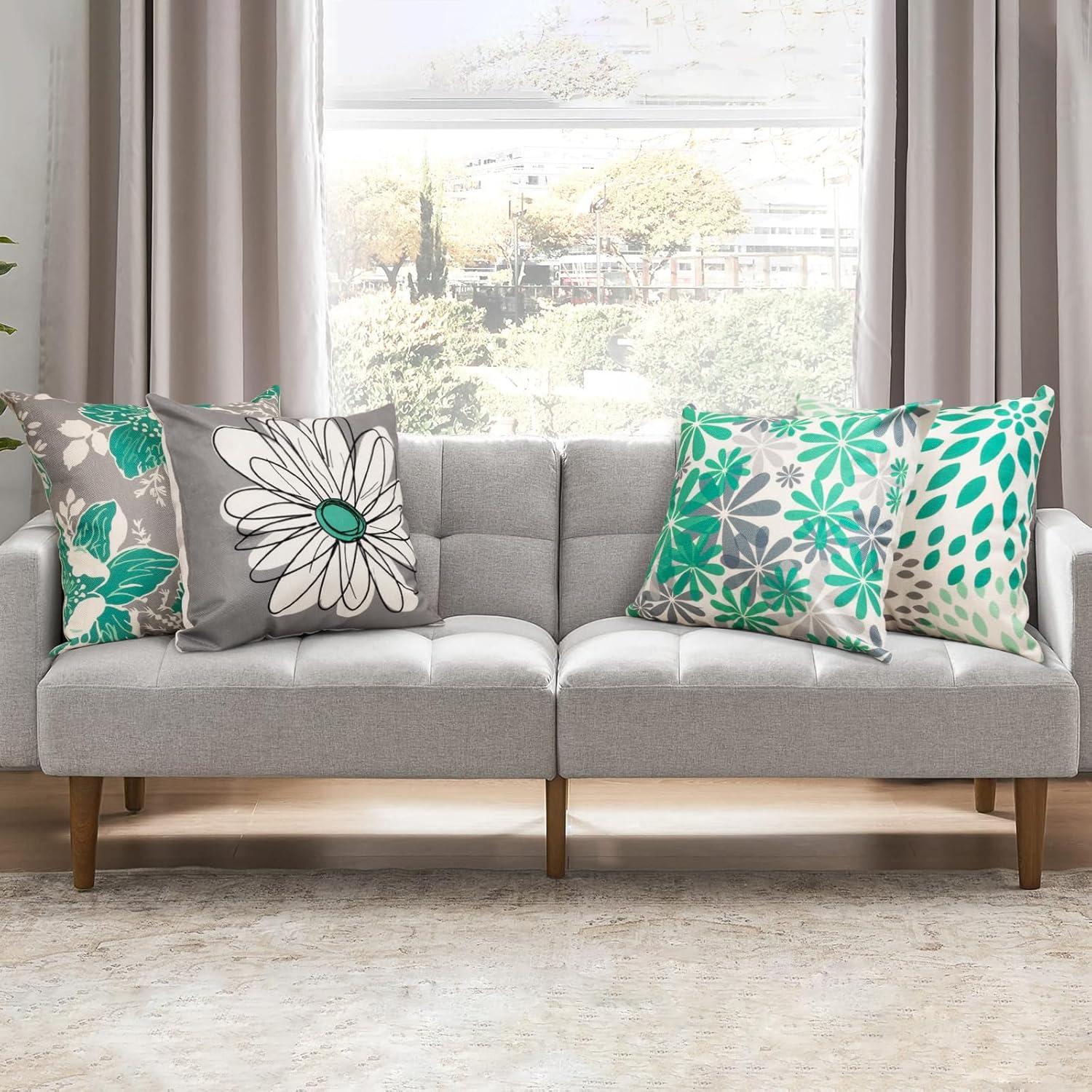 Husfou 4pcs Linen Pillow Covers 18x18 inch Turquoise and Grey Decorative Throw Pillow Case for Couch Modern Daisy Cushion Cover for Home Sofa Bedroom Decor