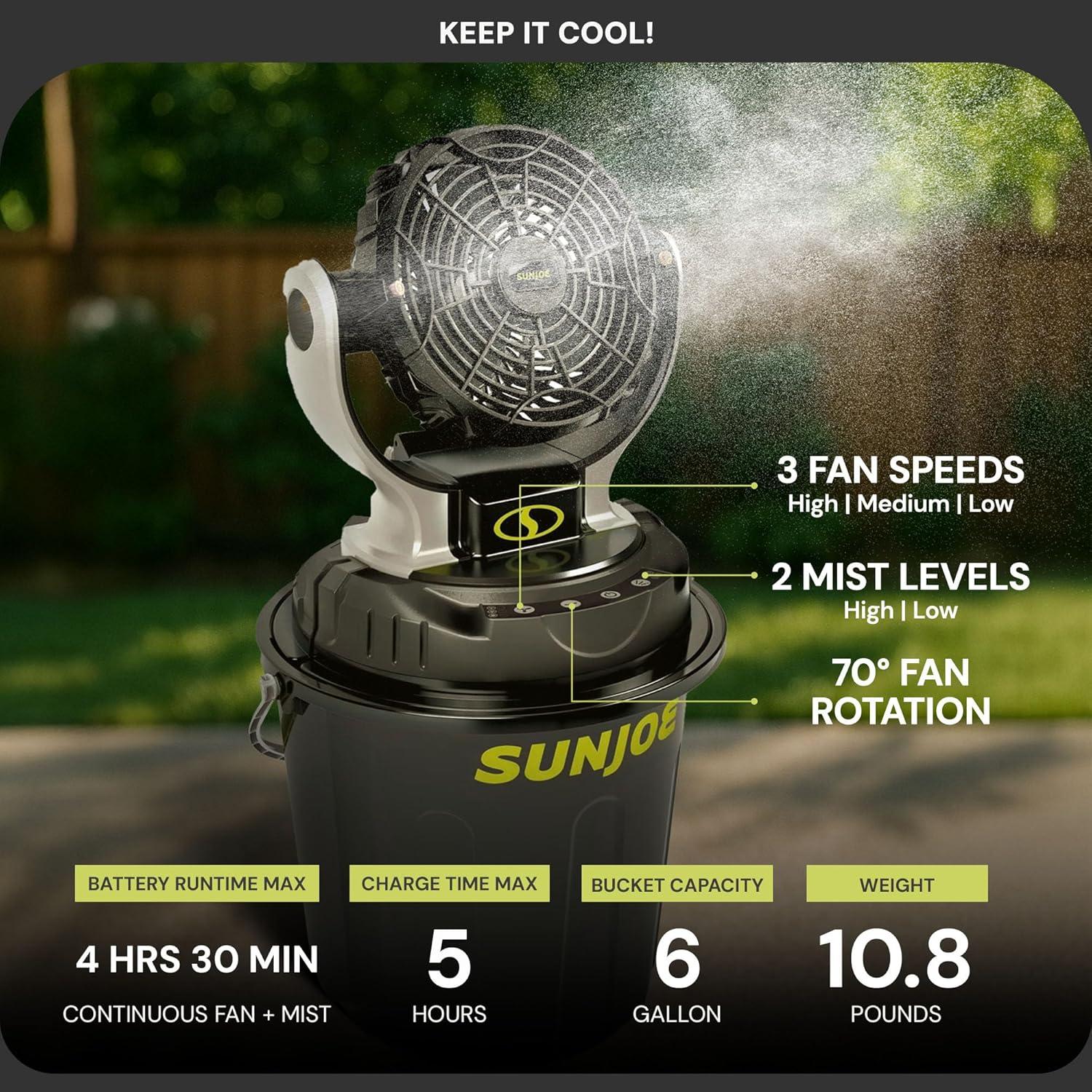Sun Joe 24 Volt IONMAX Cordless Misting Fan Kit, Indoor or Outdoor, with 6 Gallon Portable Bucket, 60 Square Foot Coverage, 2.0-AH Battery and