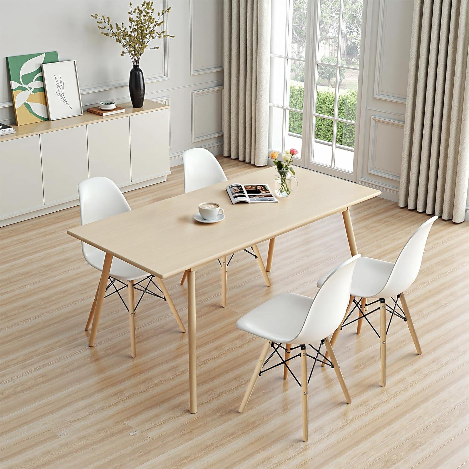 CangLong Modern Style Dining Chairs, Mid Century Plastic Dining Chair with Wood Legs, for Kitchen, Dining, Bedroom, Living Room, Set of 4, White