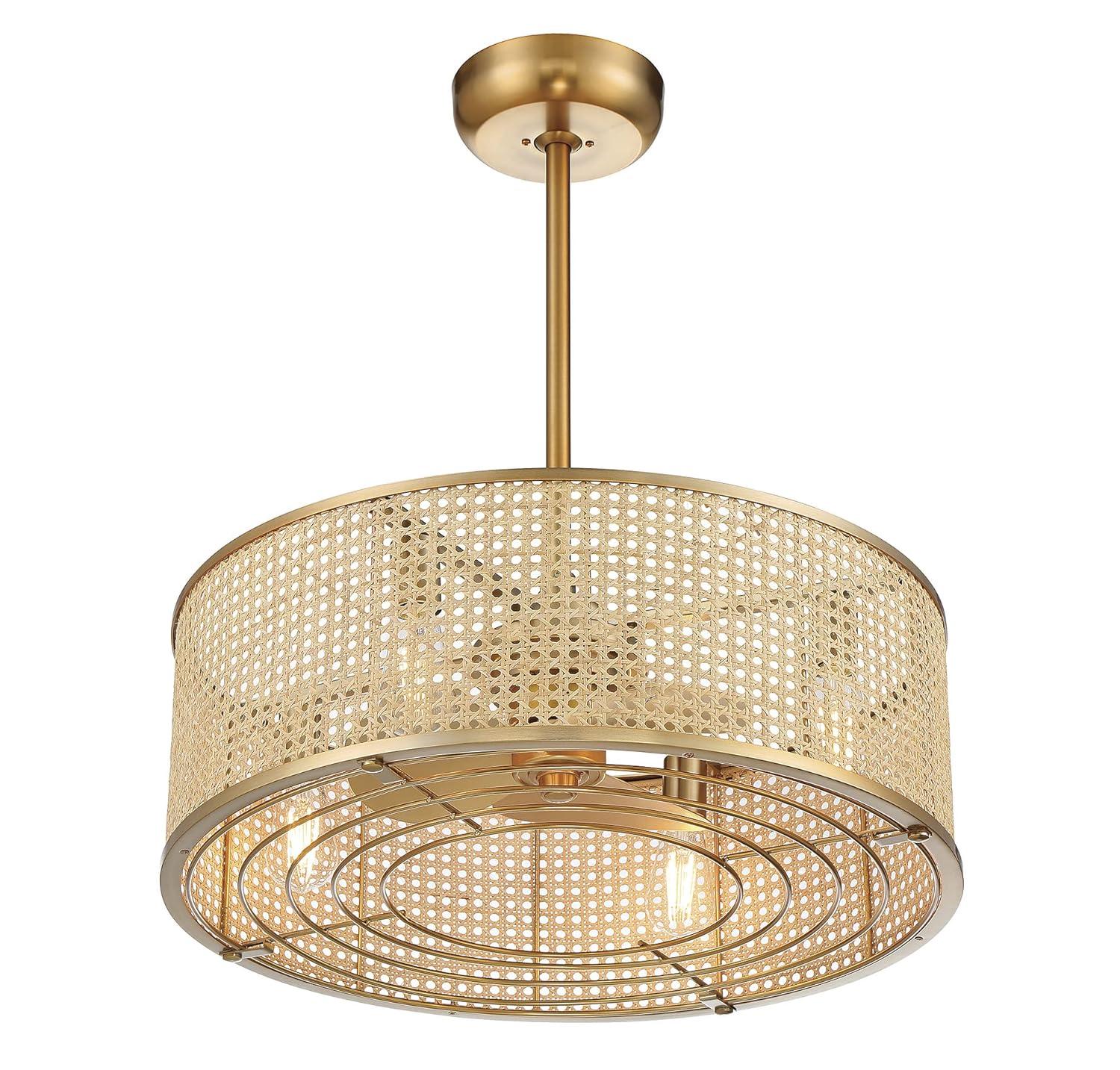 Warm Brass 25" Bohemian Chandelier Fan with Cane Shade