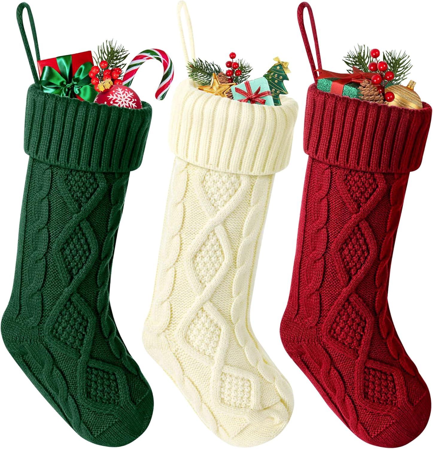 Deago Christmas Stockings, 3 Pack Personalized Christmas Stocking 18" Large Size Cable Knitted Stocking Gifts & Decorations for Family Holiday Xmas Party (Multi-color)