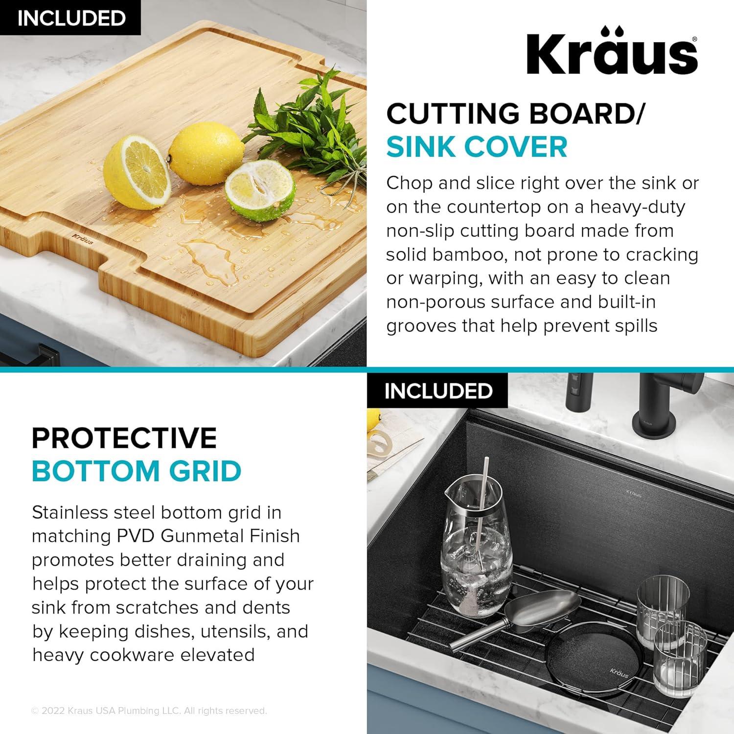 KRAUS Kore 21 Undermount Workstation 16 Gauge Black Stainless Steel Single Bowl Kitchen Sink in PVD Gunmetal Finish with Accessories