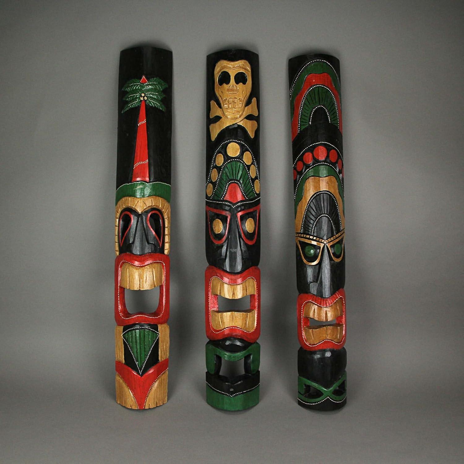 Set of 3 Hand Carved Polynesian Style Tiki Wall Hanging Masks - Unique 39.5-Inch Carvings for Home, Patio, or Tiki Bar Decor - Handcrafted with Lively Island Colors