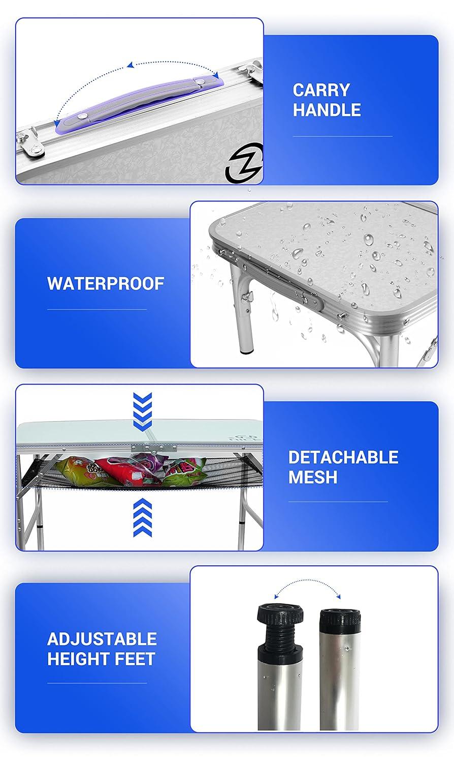 Nice C Card Table, Folding Picnic Table, Small Table, Adjustable Height Folding Table, Camping, Outdoor, Portable Lightweight Aluminum, with Carry Handle for Beach, Indoor, Office (Medium)