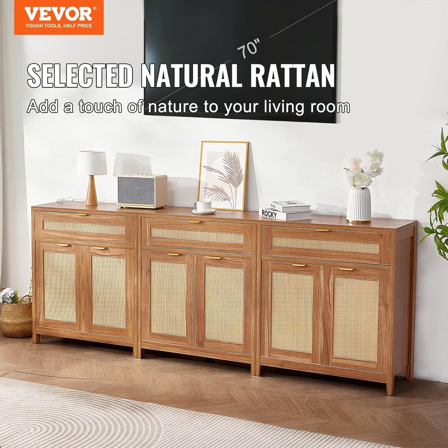 VEVOR Cabinet with 6 Doors 3 Drawers Adjustable Shelves Set of 3 Natural