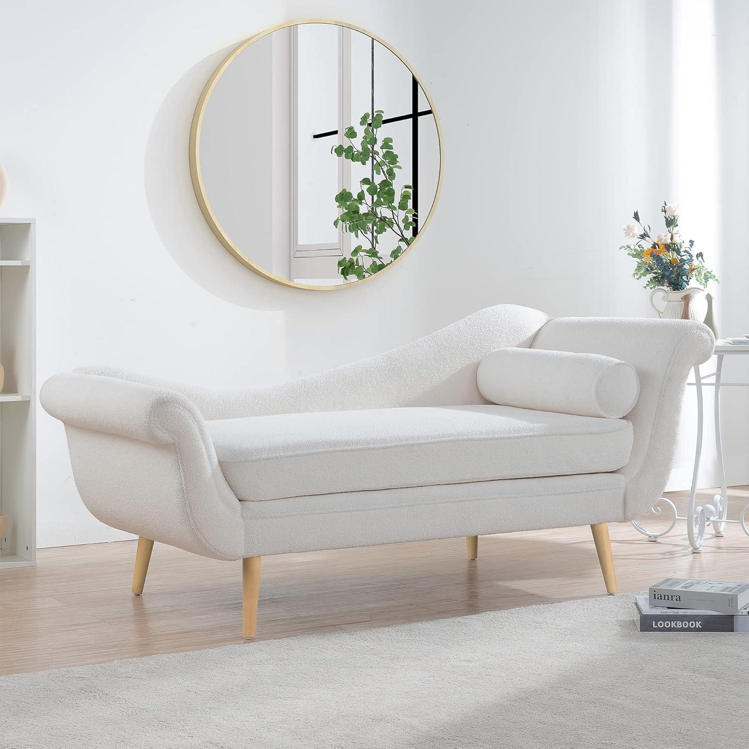 White Velvet Chaise Lounge with Scroll Arms and Birch Legs