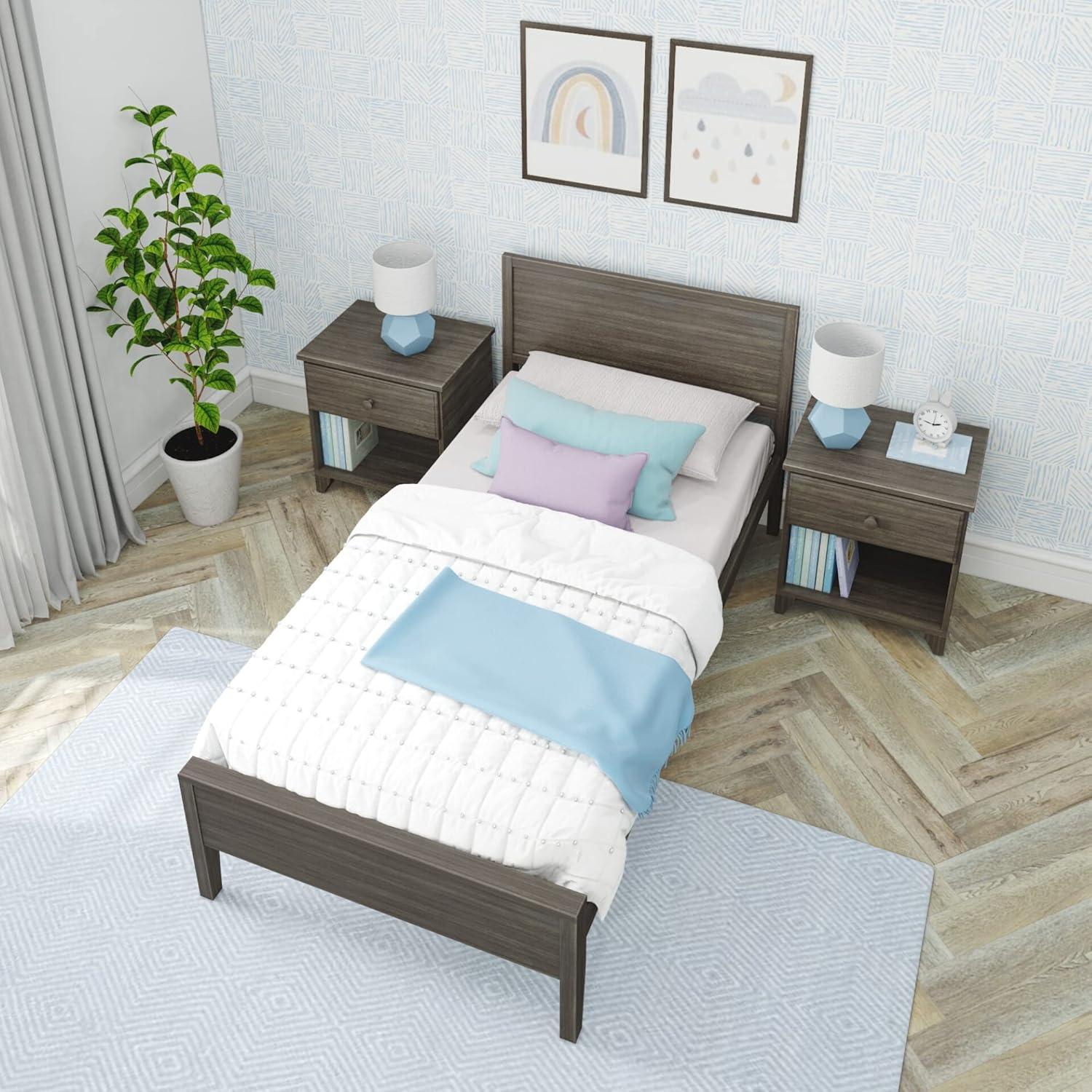 Max & Lily Twin Bed Frame, Solid Wood Classic Platform Bed with Panel Headboard for Kids