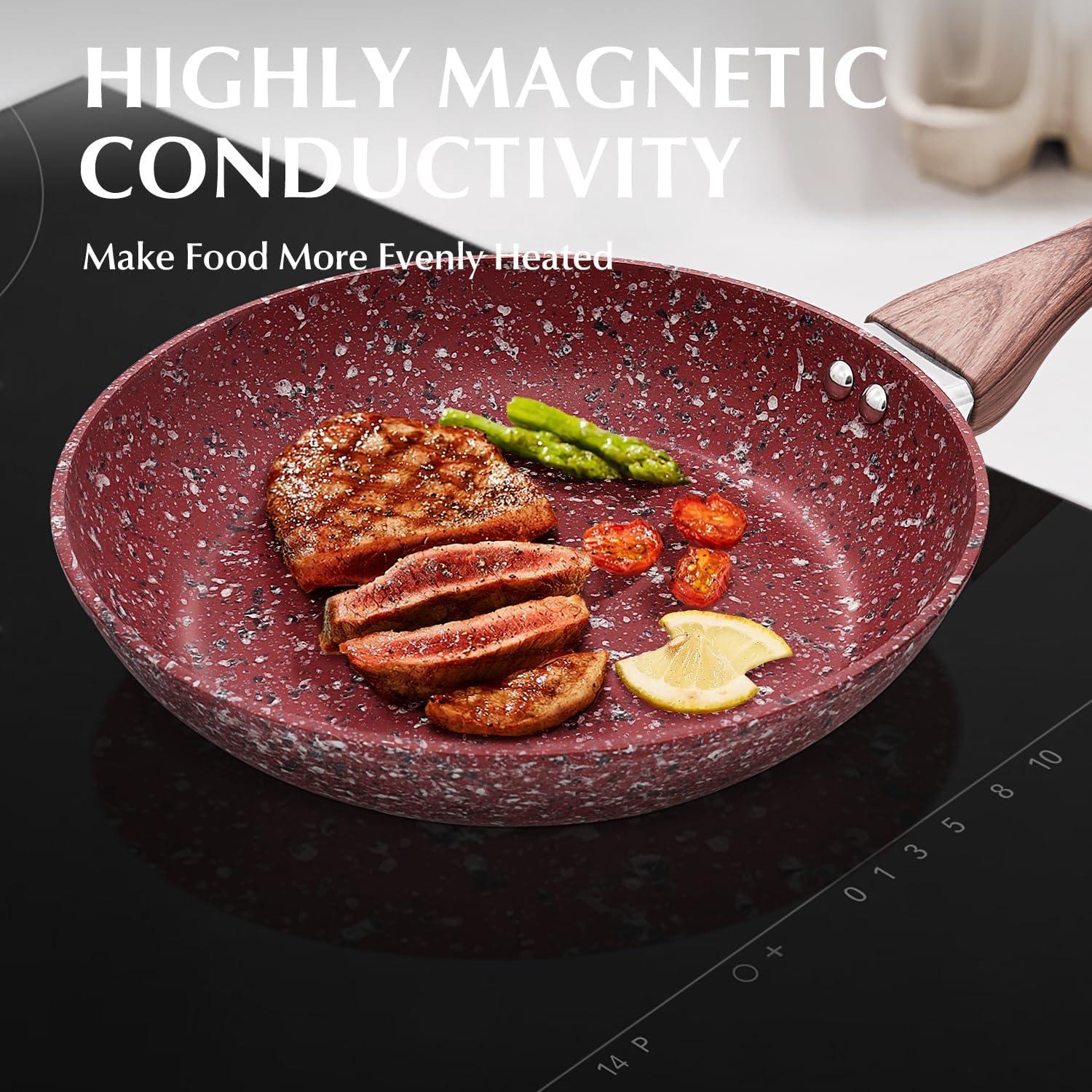 8" Red Aluminum Non-Stick Frying Pan with Ceramic Coating and Lid