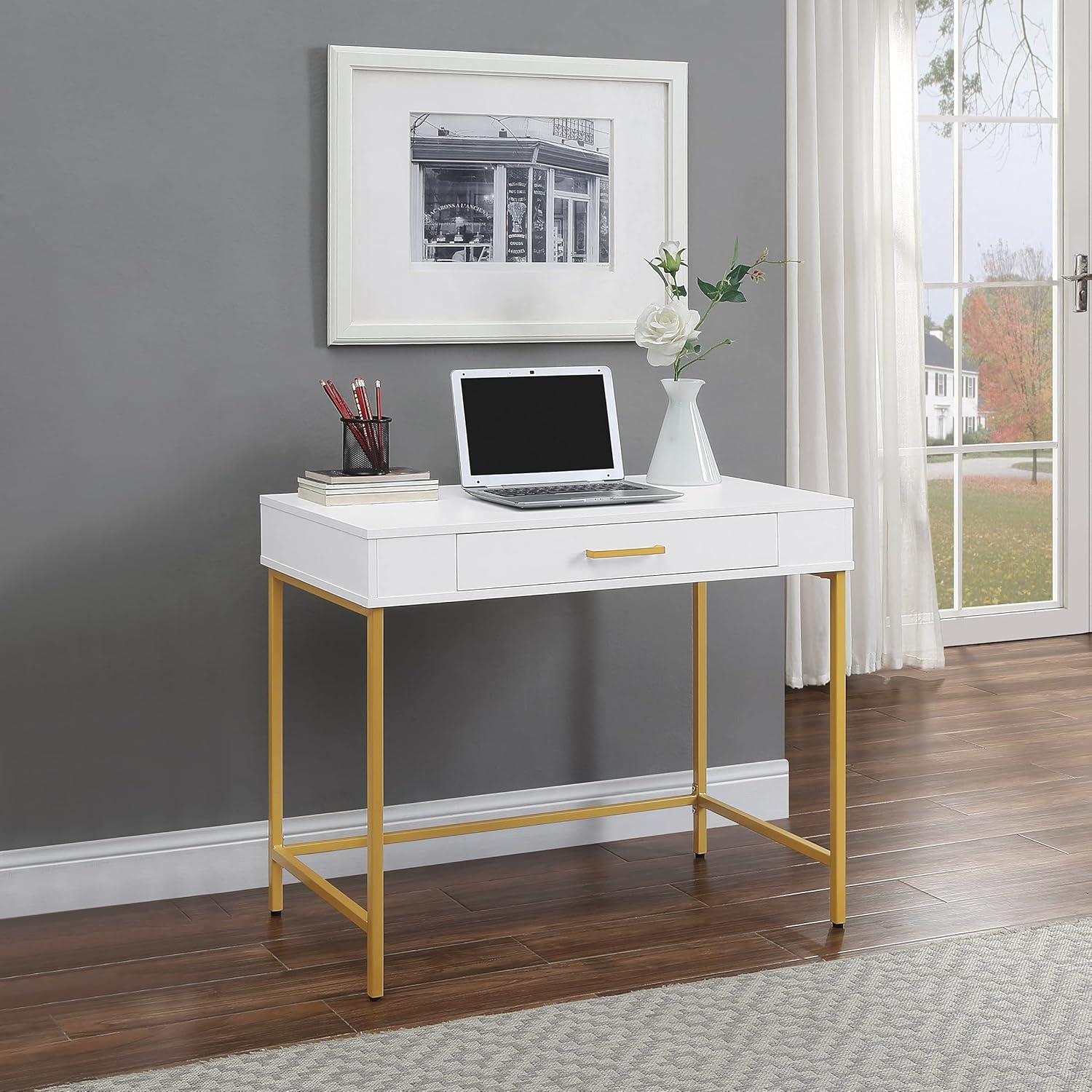 Sleek White and Gold Modern Life Writing Desk with Storage Drawer