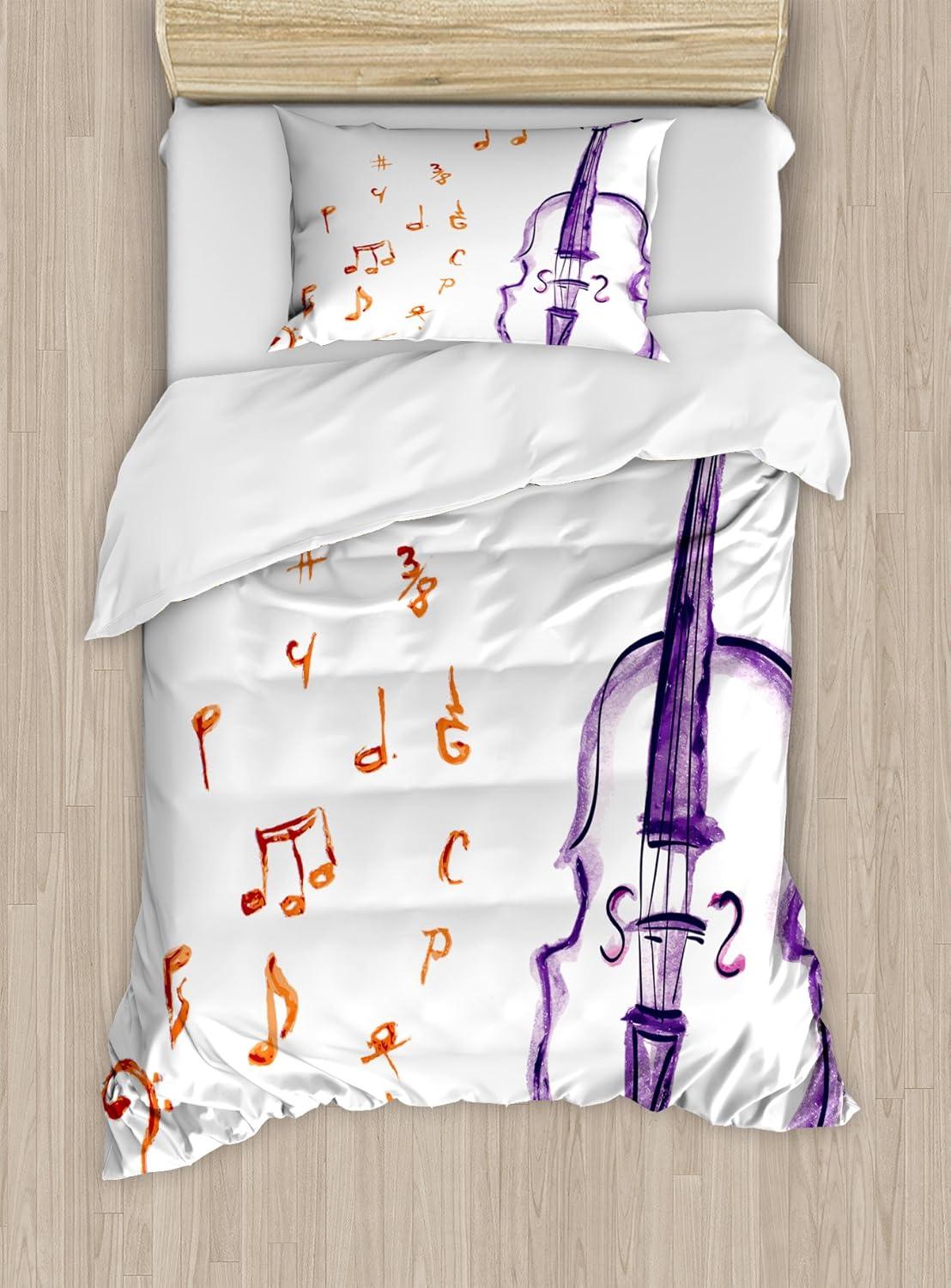 Twin Size White and Purple Musical Notes Duvet Cover Set