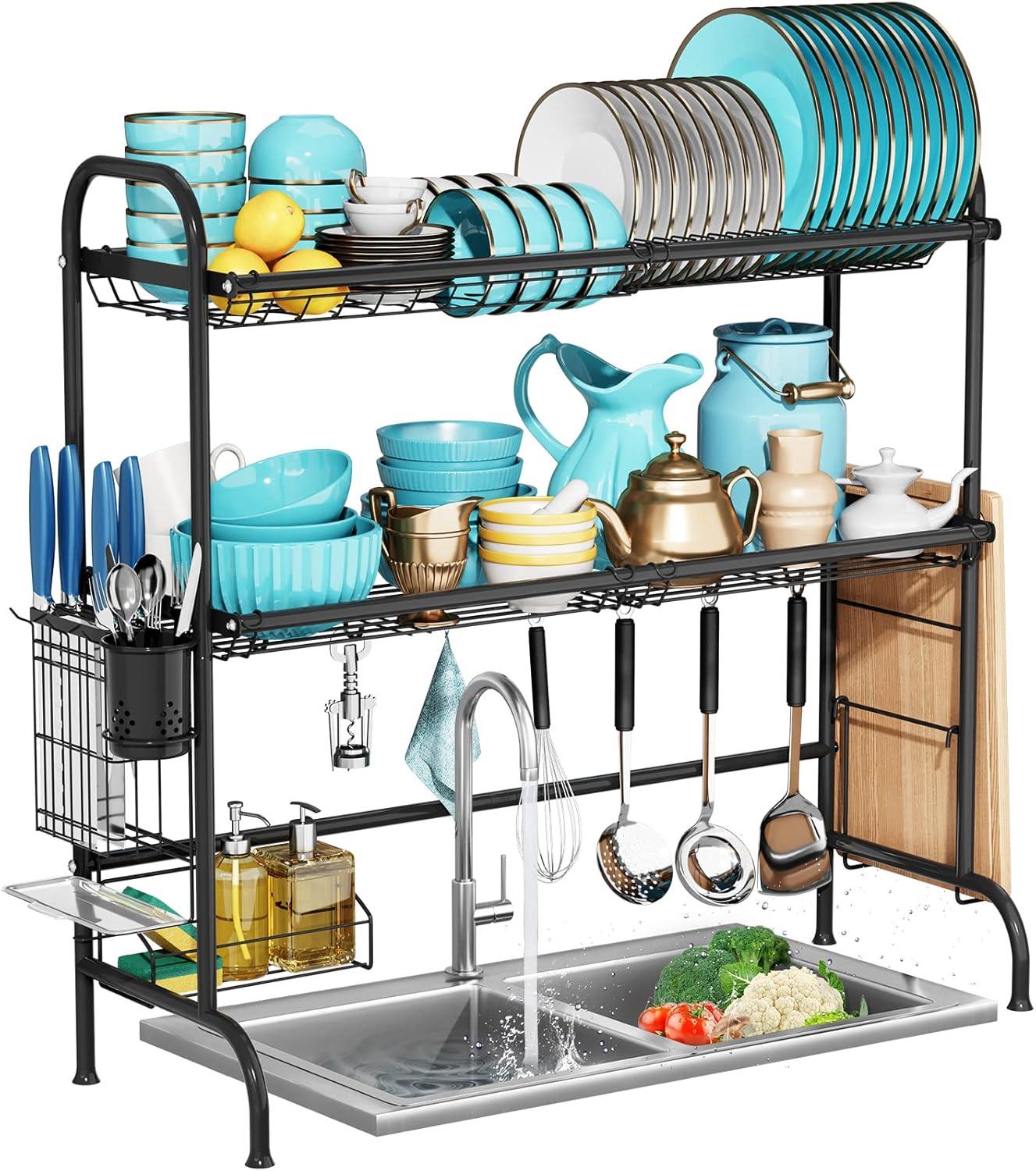 Adjustable Black Stainless Steel 2-Tier Over-Sink Dish Rack